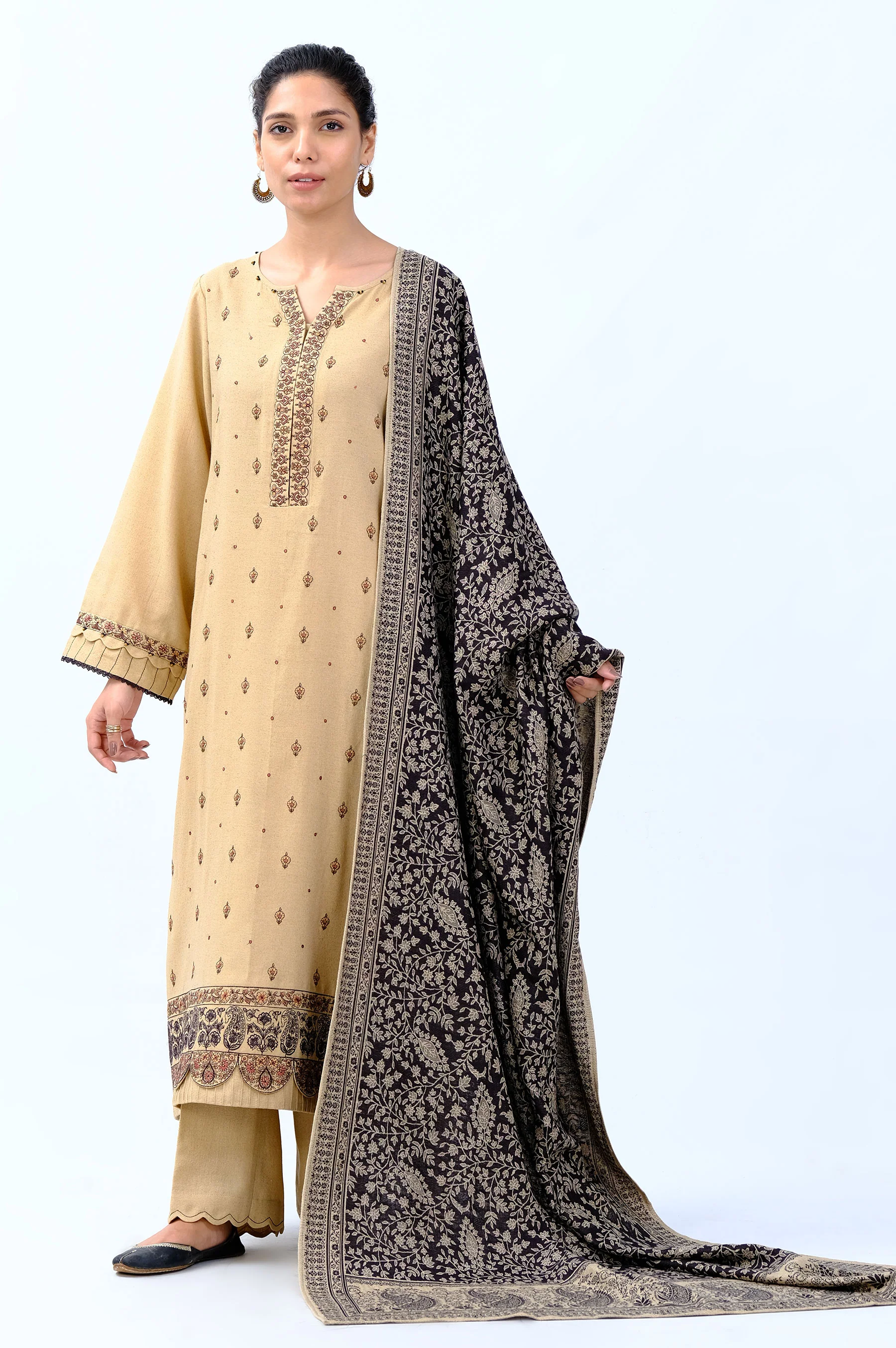 Unstitched 3 Piece Embroidered Karandi Suit with Shawl
