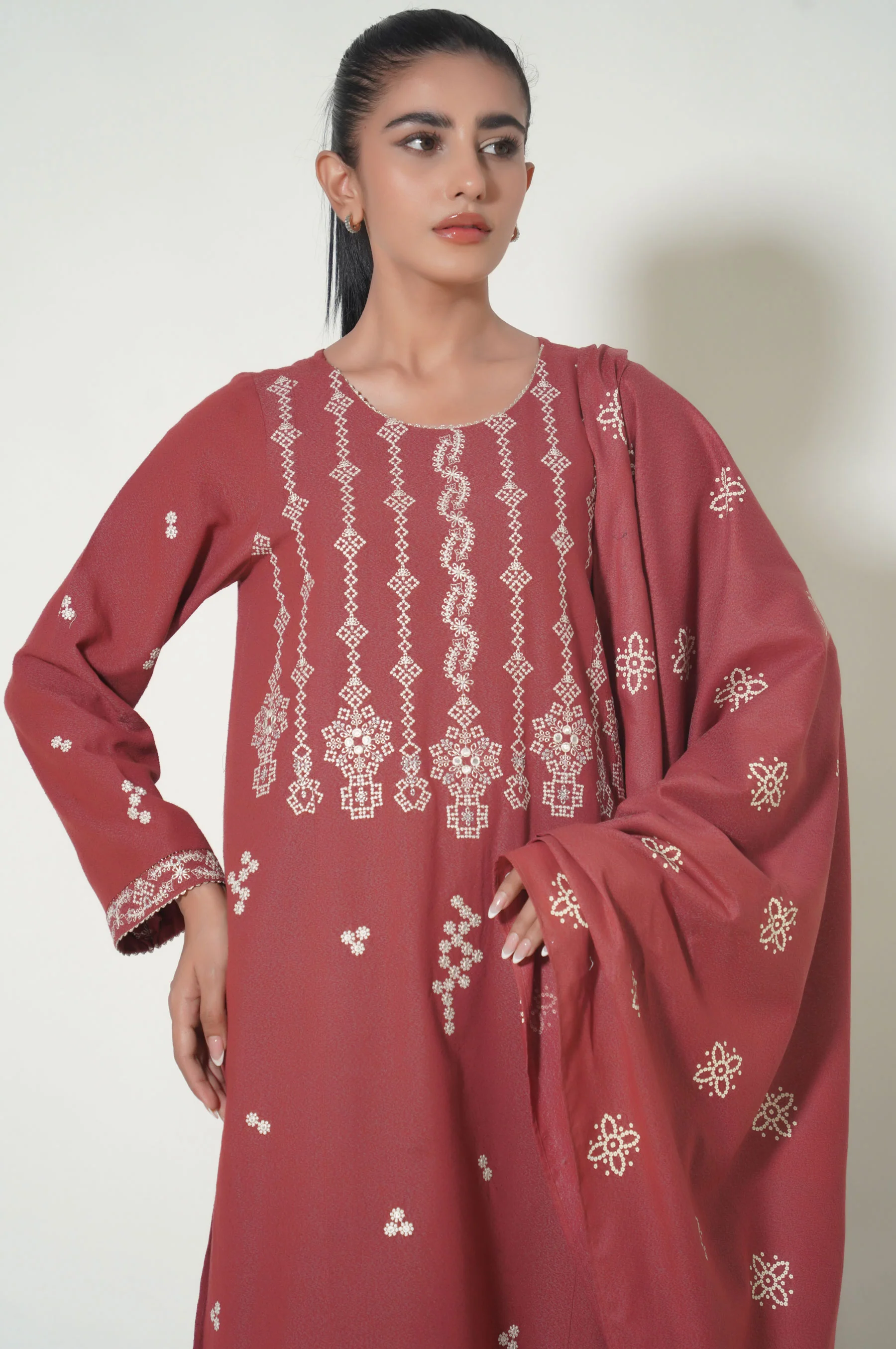 Unstitched 3 Piece Printed Karandi Suit - Image 2