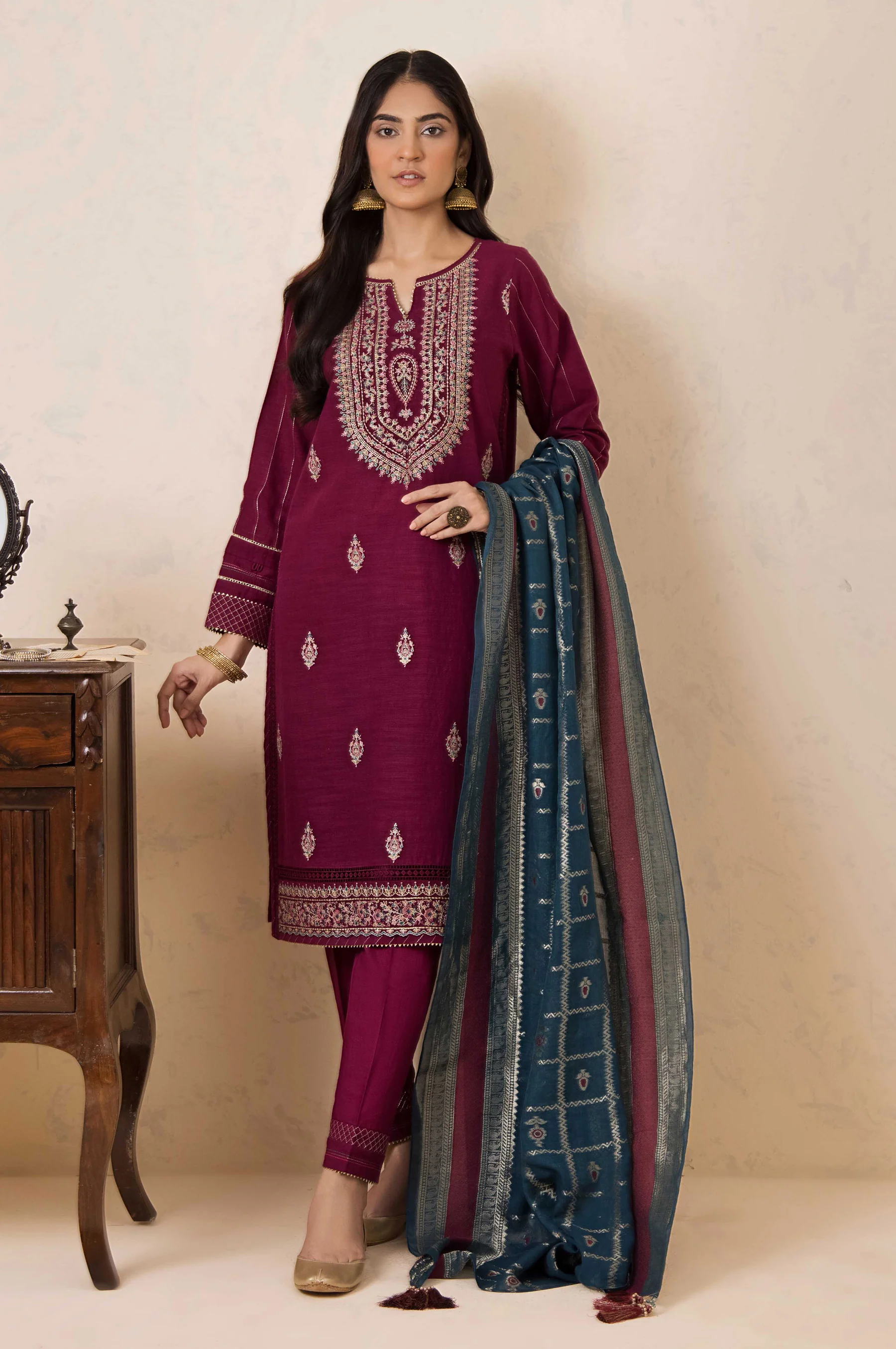 Unstitched 3 Piece Embroidered Khaddar with Jacquard Suit
