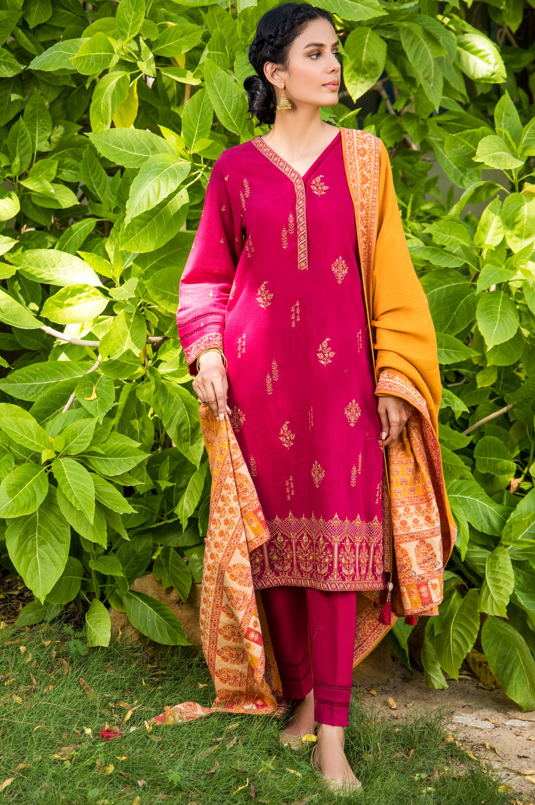 Unstitched 3 Piece Embroidered Khaddar with Jacquard Shawl Suit