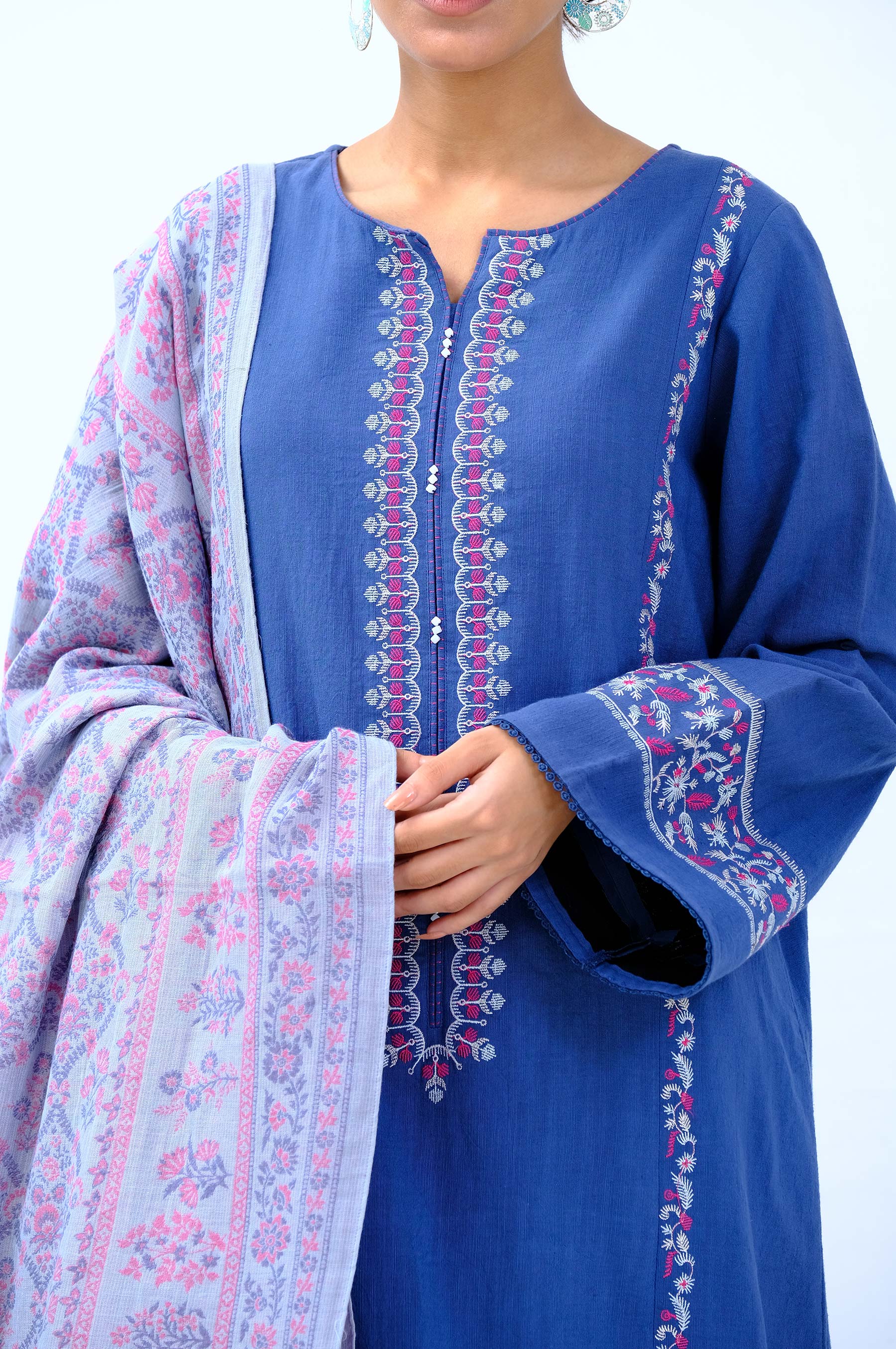 Unstitched 3 Piece Embroidered Khaddar Suit with Yarn Dyed Shawl - Image 6