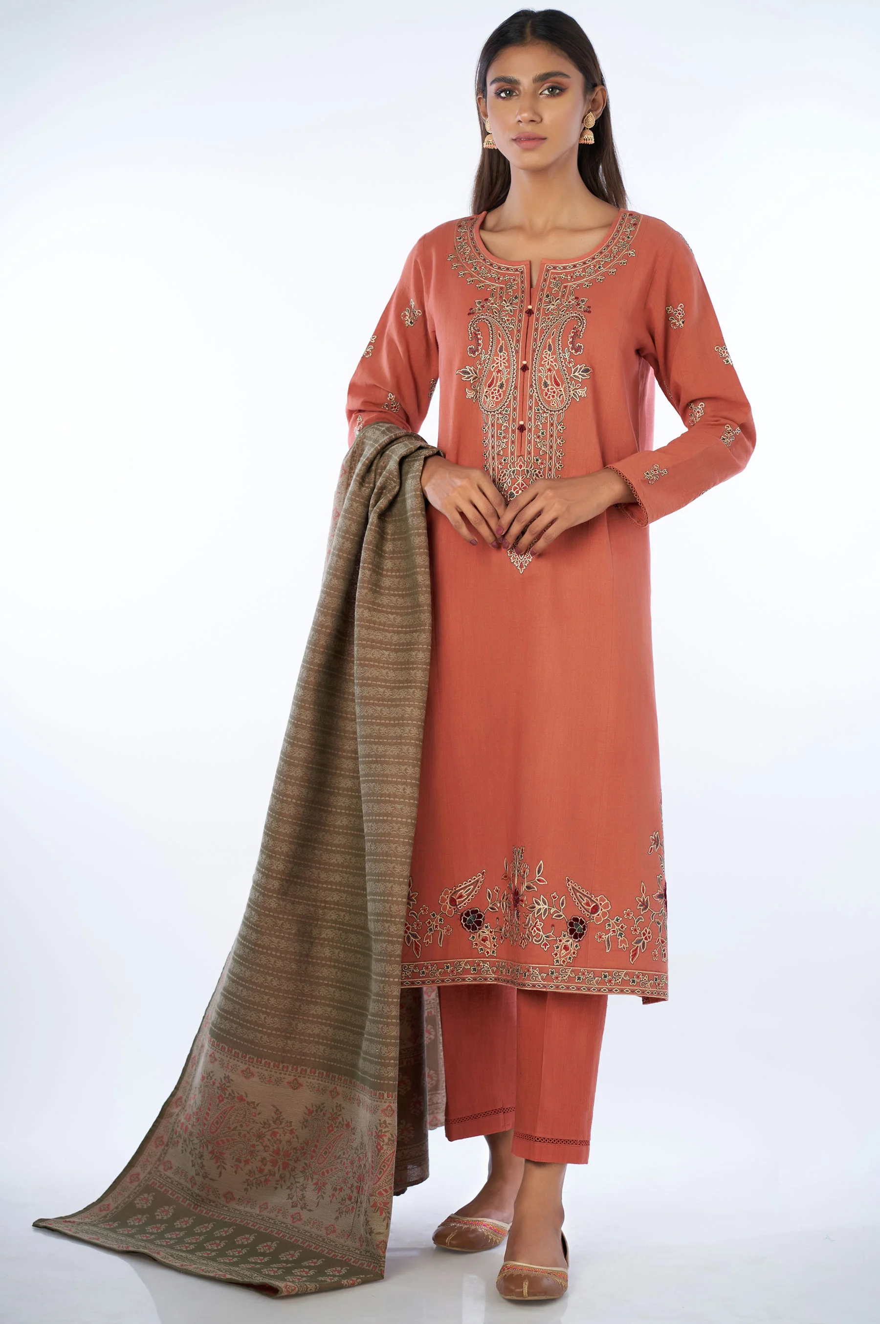 Unstitched 3 Piece Embroidered Khaddar Suit with Yarn Dyed Shawl