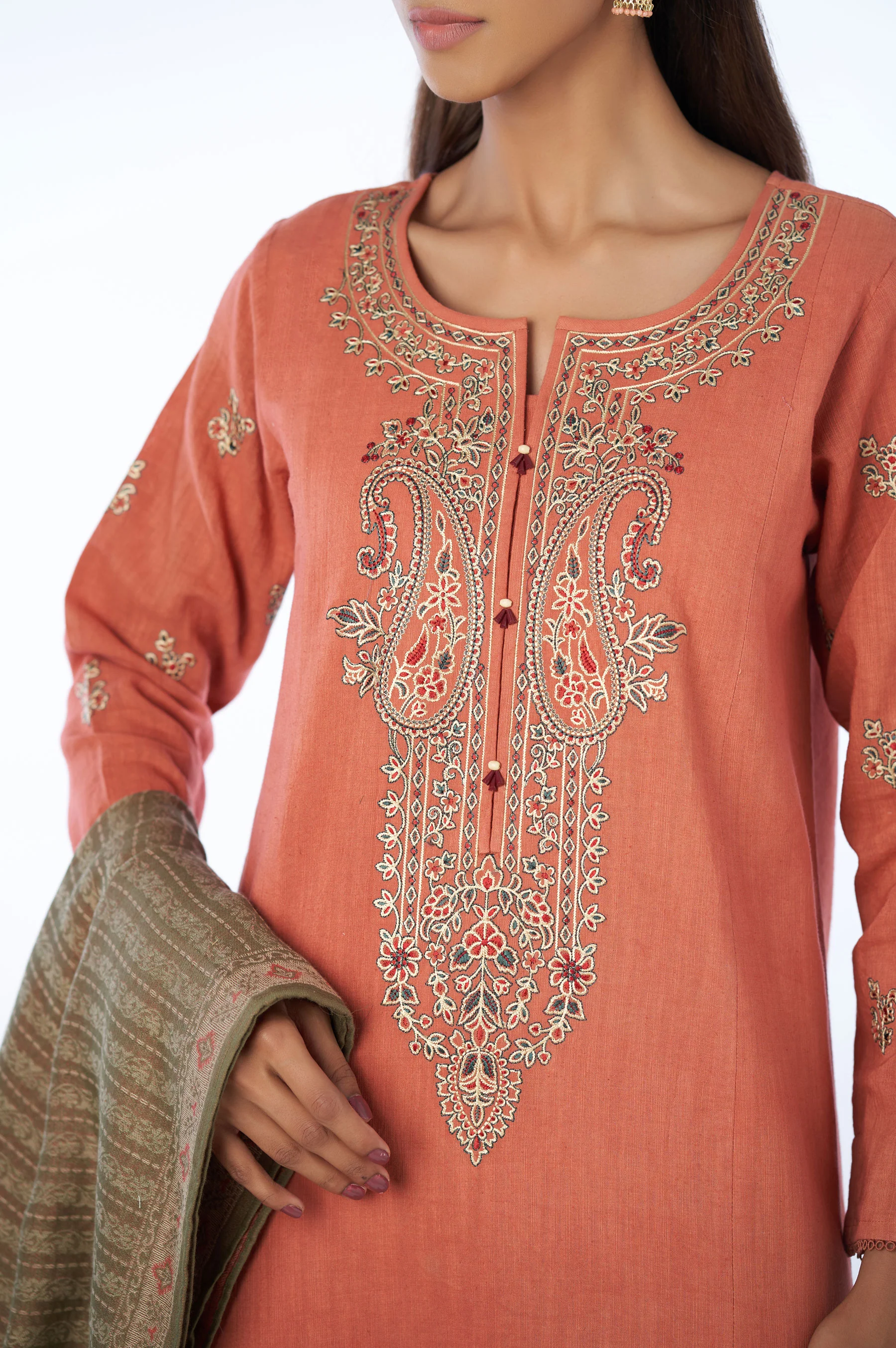 Unstitched 3 Piece Embroidered Khaddar Suit with Yarn Dyed Shawl - Image 3