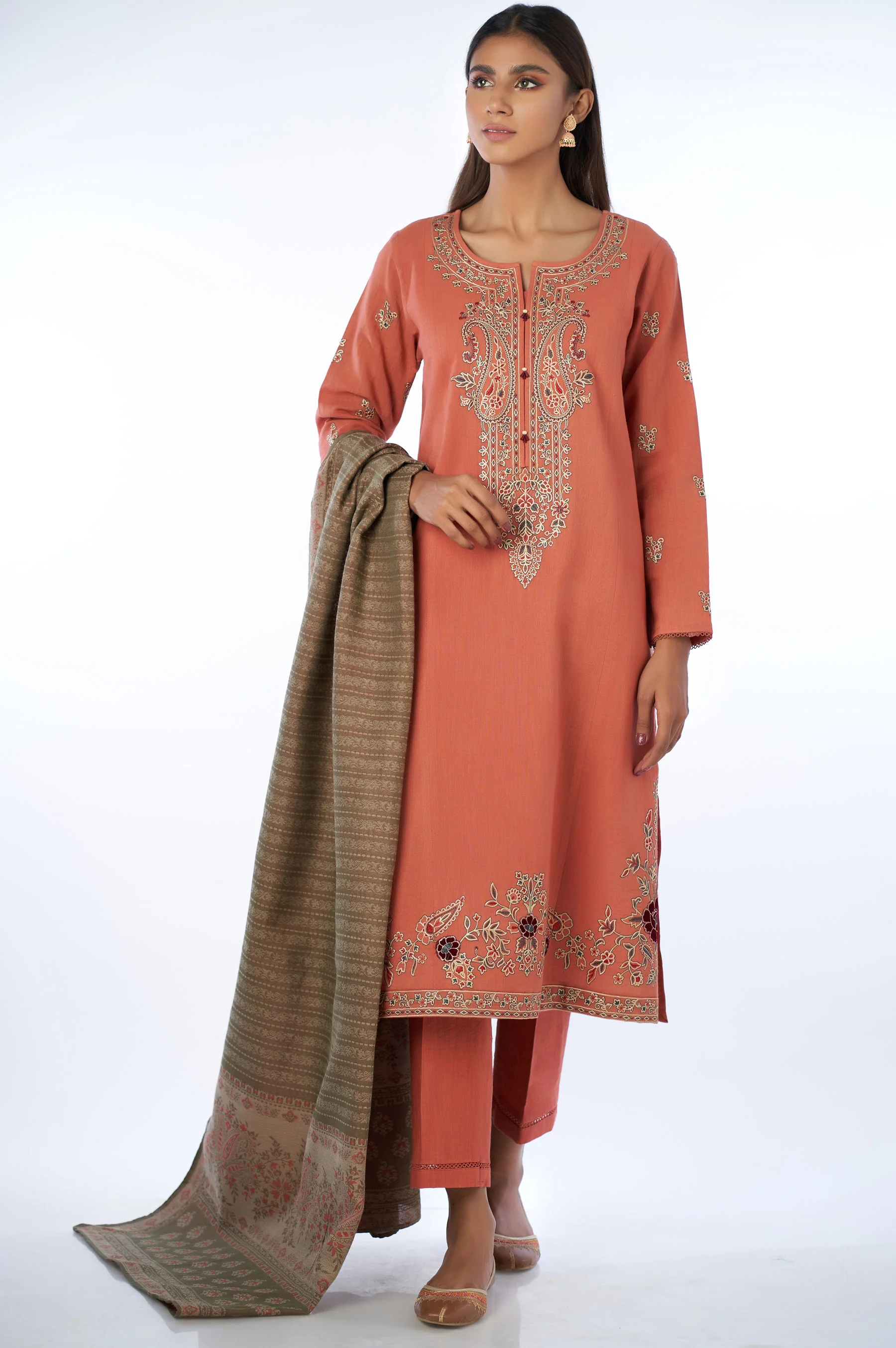Unstitched 3 Piece Embroidered Khaddar Suit with Yarn Dyed Shawl - Image 4