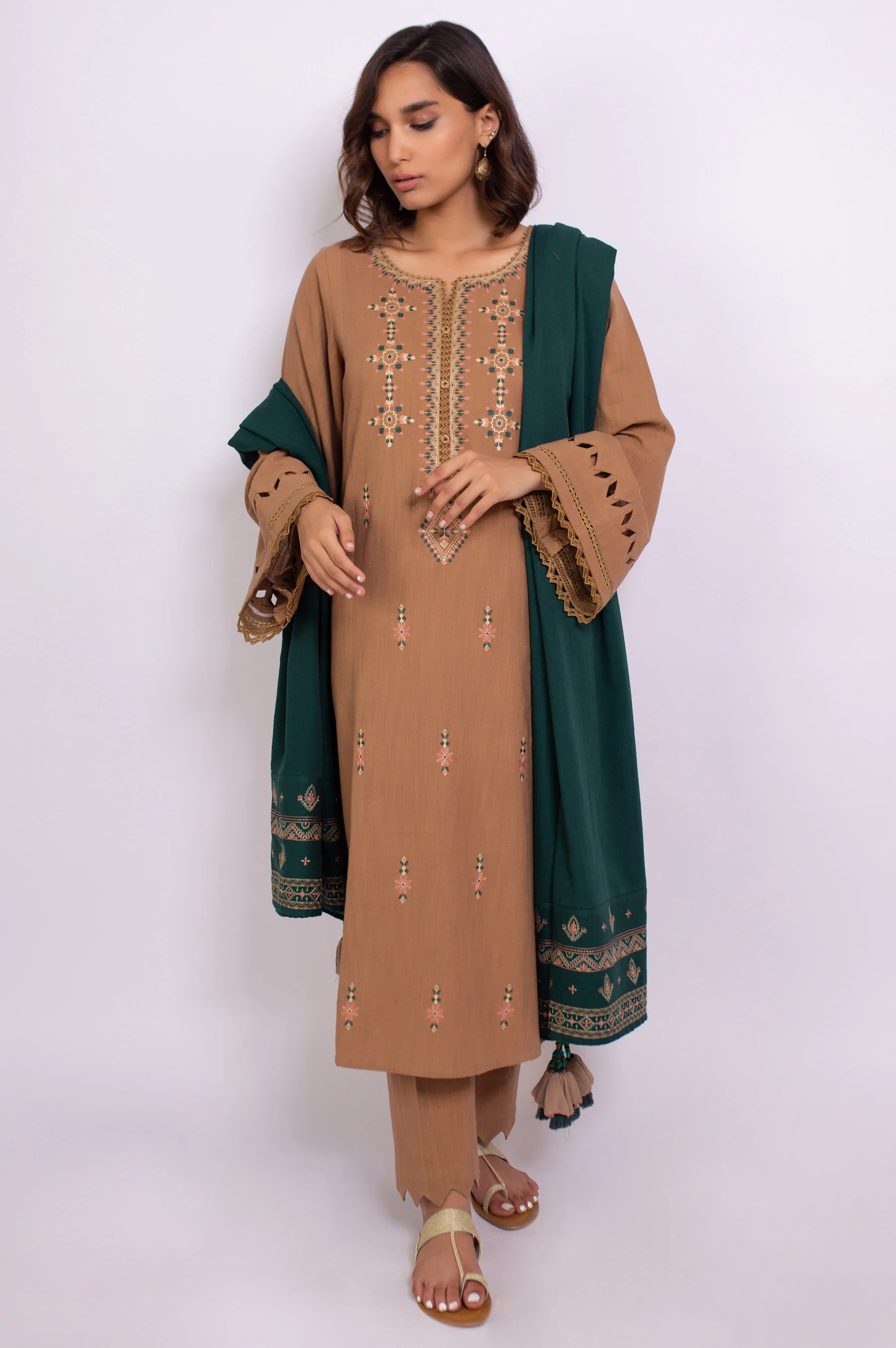 Unstitched 3 Piece Embroidered Khaddar Suit with Shawl