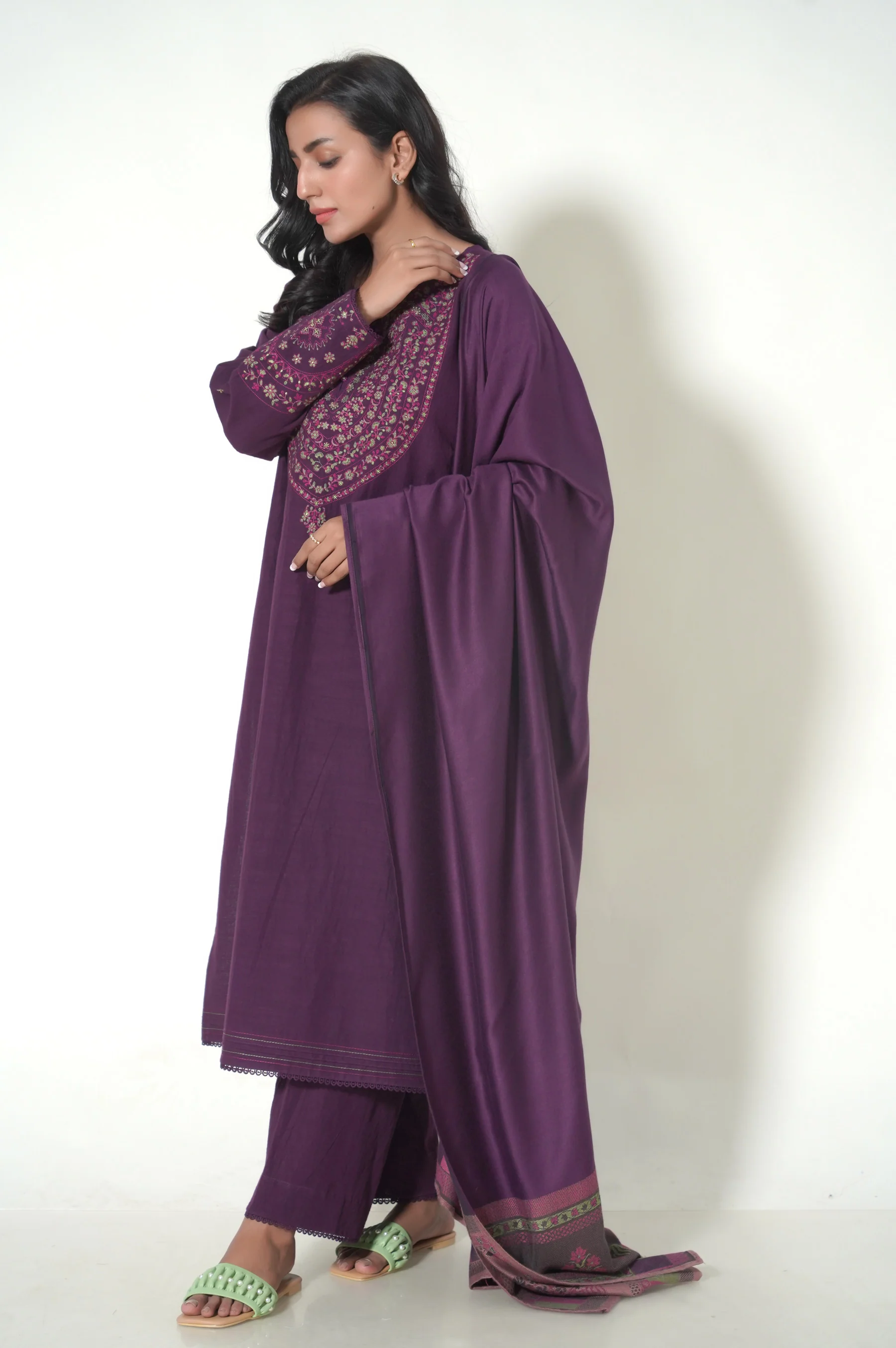 Unstitched 3 Piece Embroidered Khaddar Suit - Image 3