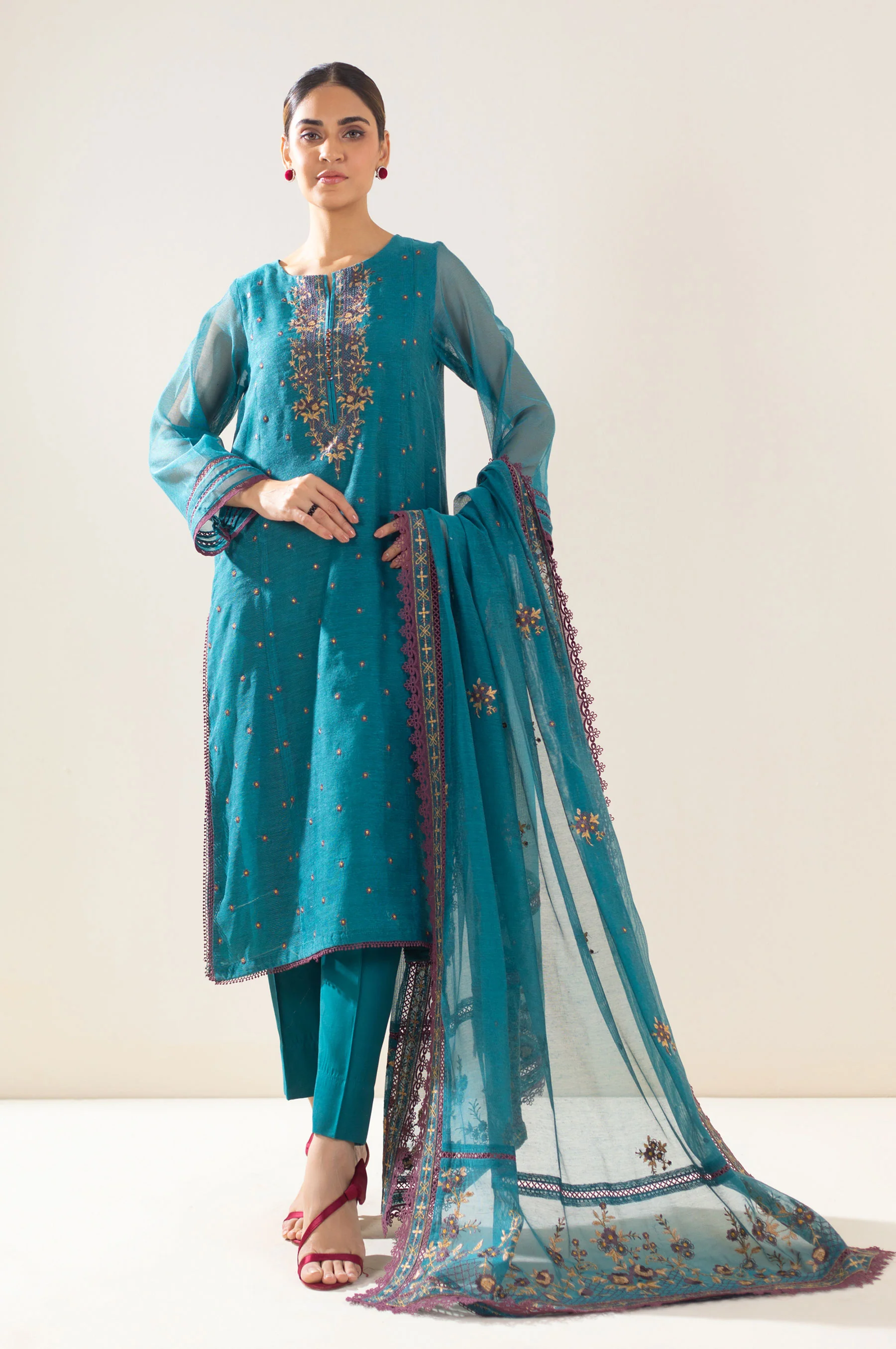 Unstitched 3 Piece Embroidered Khaddi Net Suit