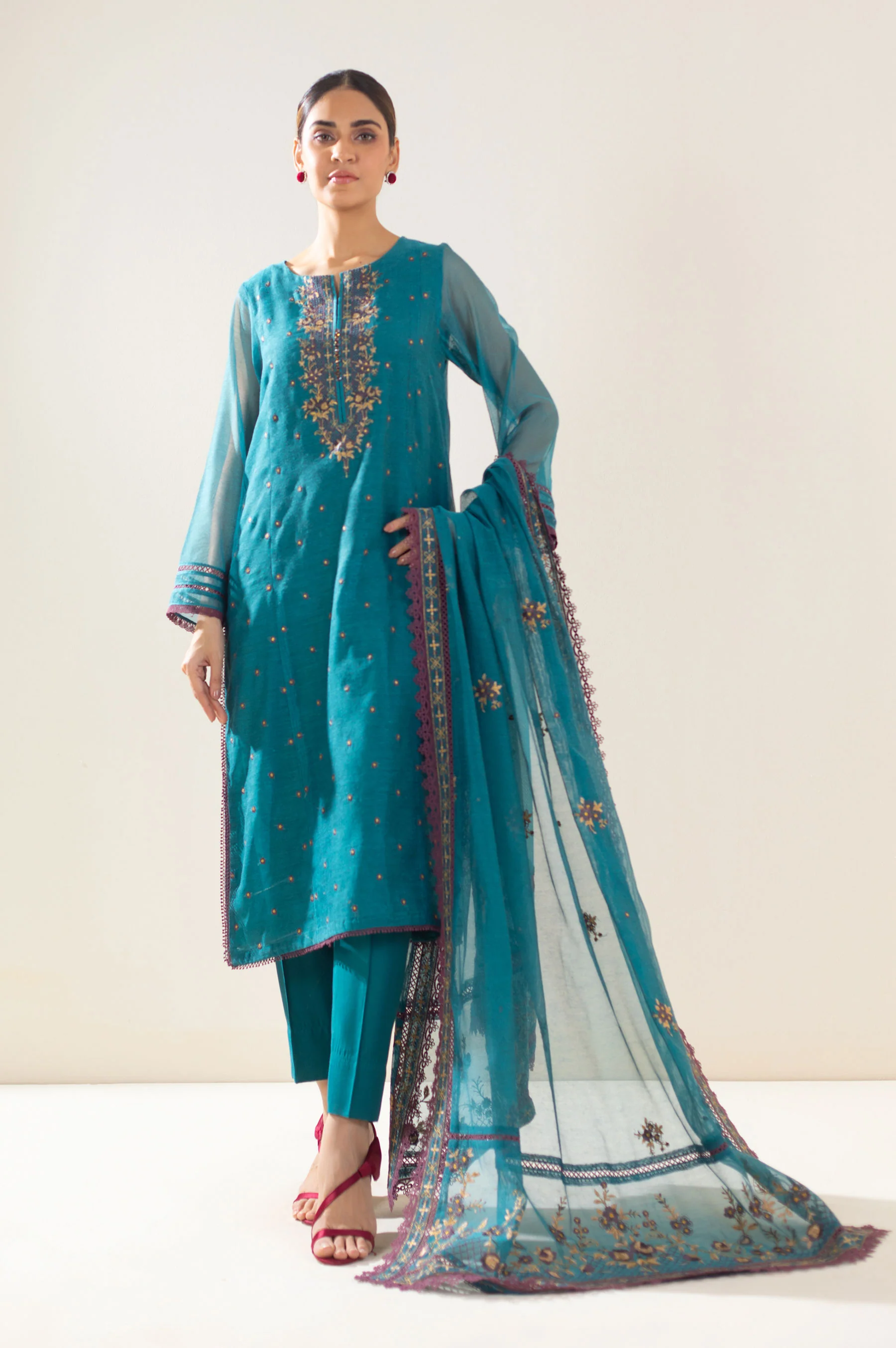 Unstitched 3 Piece Embroidered Khaddi Net Suit - Image 2
