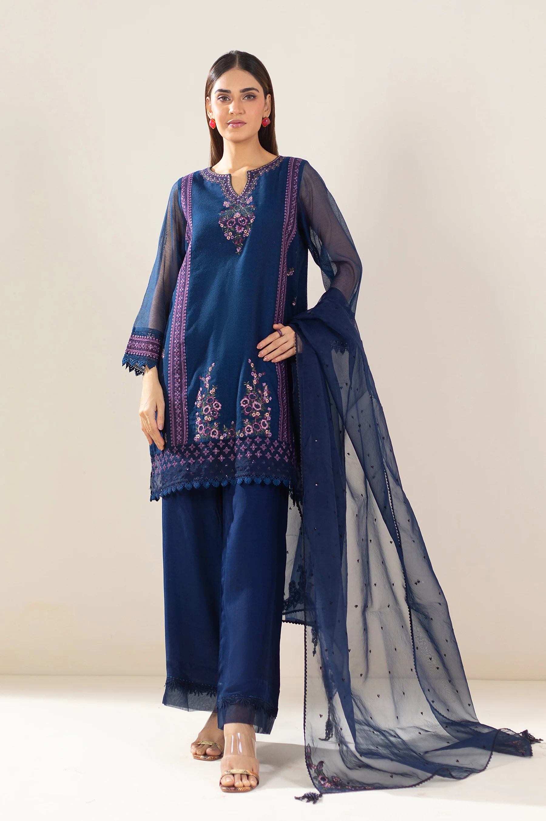 Unstitched 3 Piece Embroidered Khaddi Net Suit