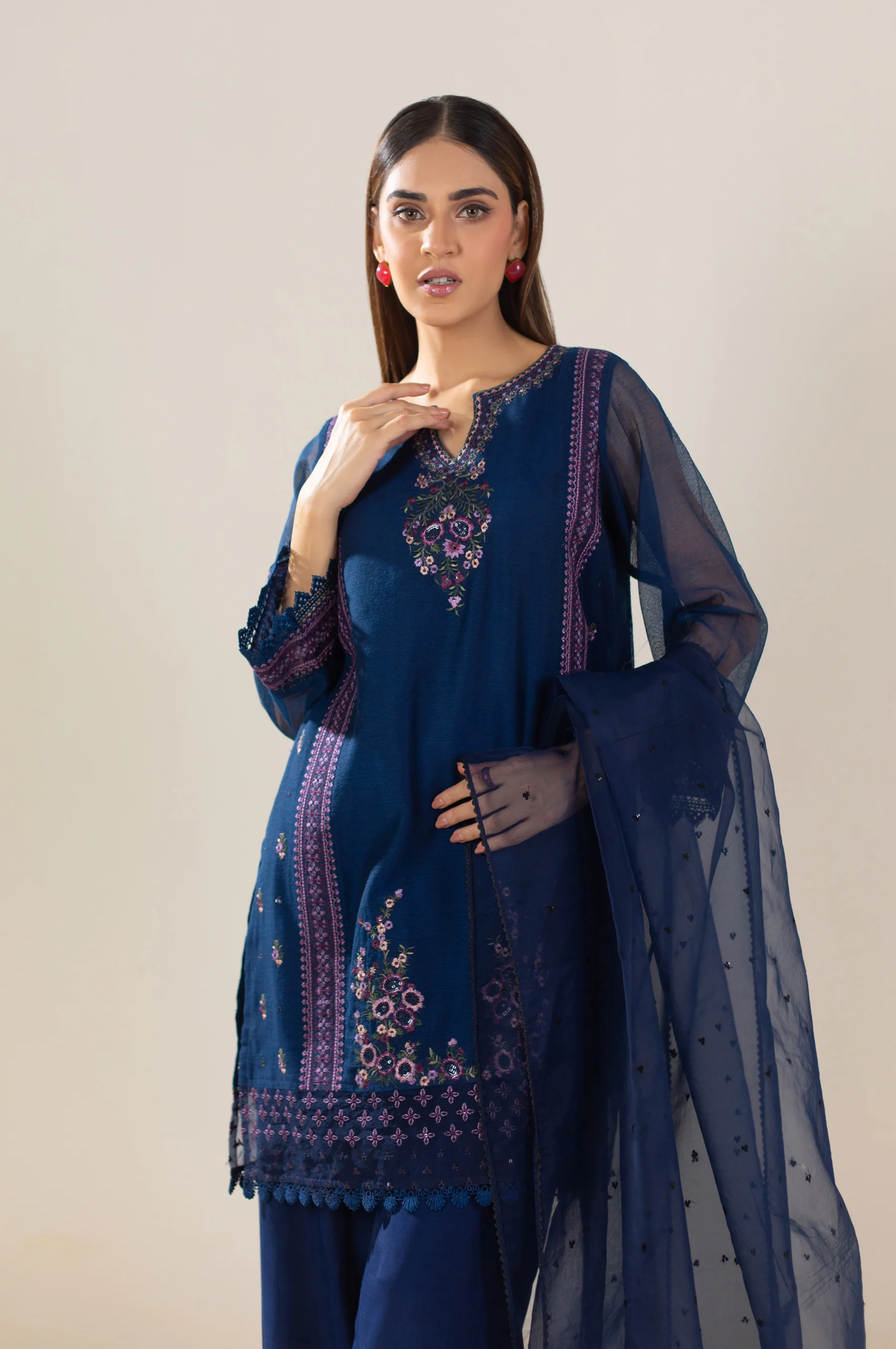 Unstitched 3 Piece Embroidered Khaddi Net Suit - Image 2