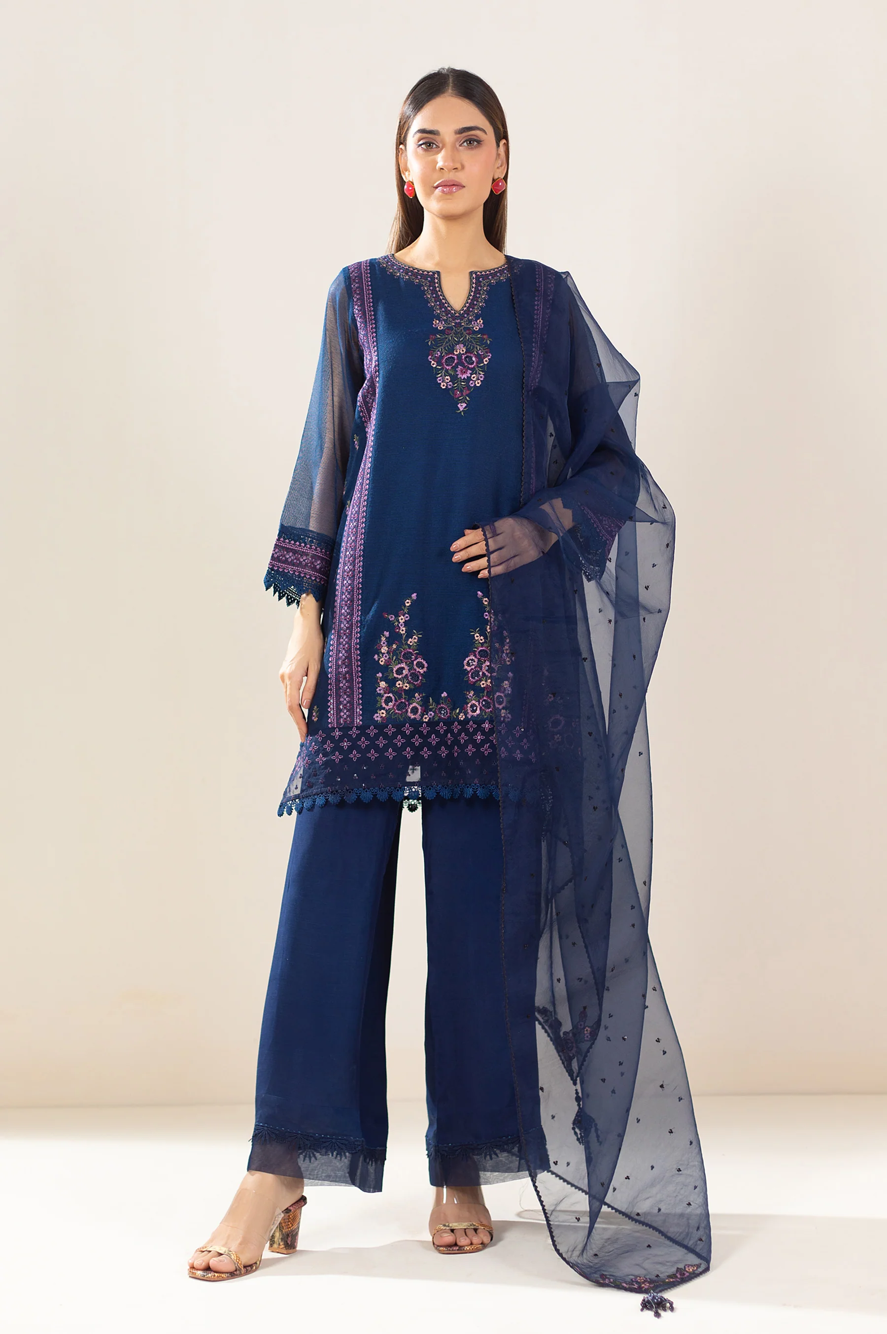 Unstitched 3 Piece Embroidered Khaddi Net Suit - Image 4