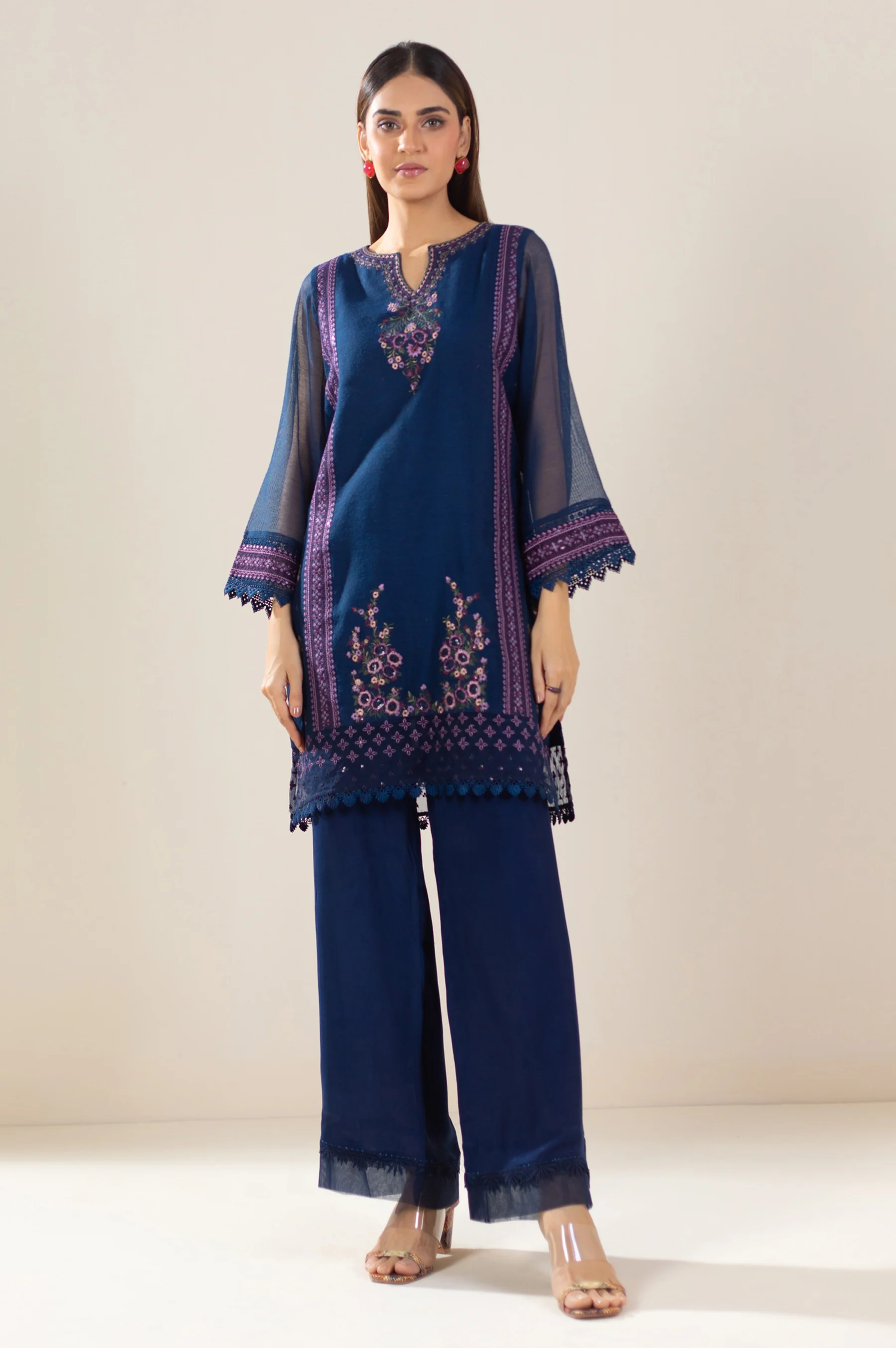 Unstitched 3 Piece Embroidered Khaddi Net Suit - Image 6