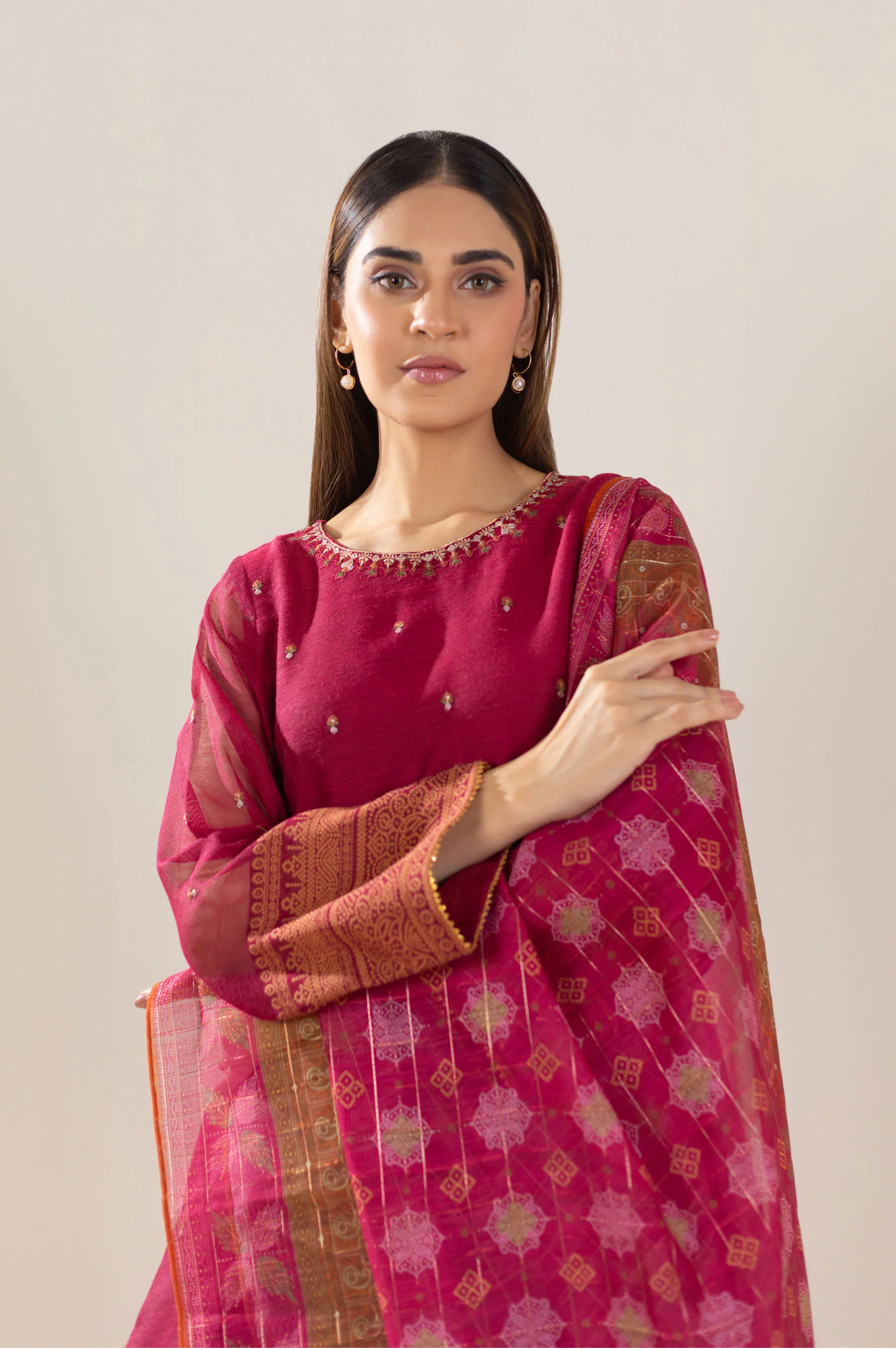 Unstitched 3 Piece Embroidered Khaddi Net Suit - Image 2