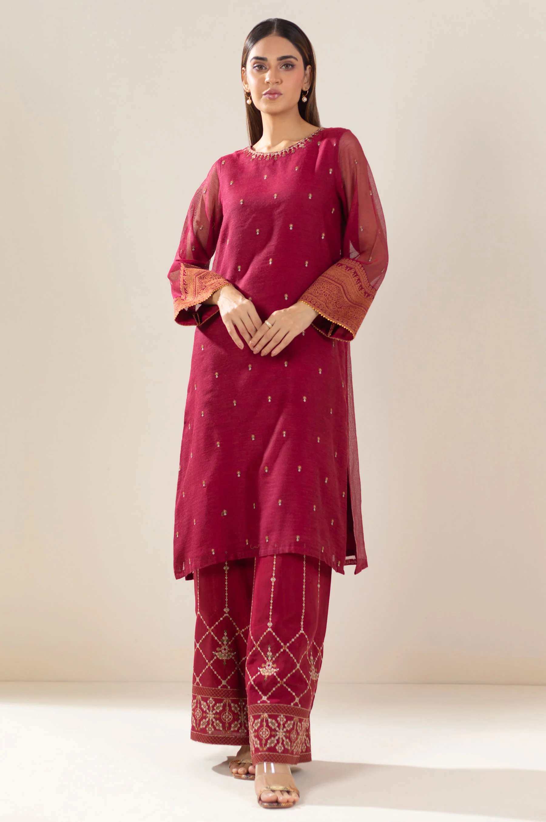 Unstitched 3 Piece Embroidered Khaddi Net Suit - Image 3