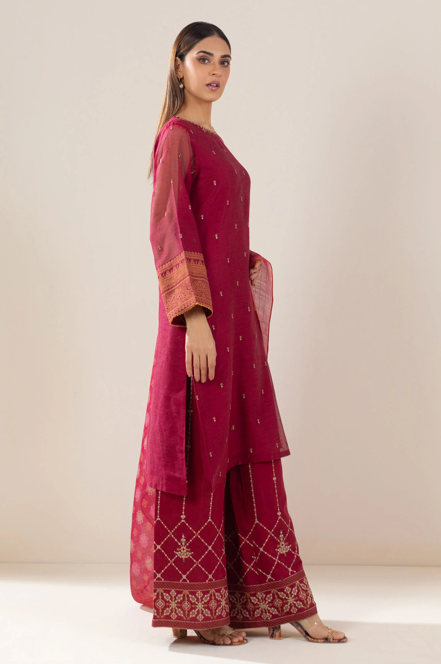 Unstitched 3 Piece Embroidered Khaddi Net Suit - Image 4