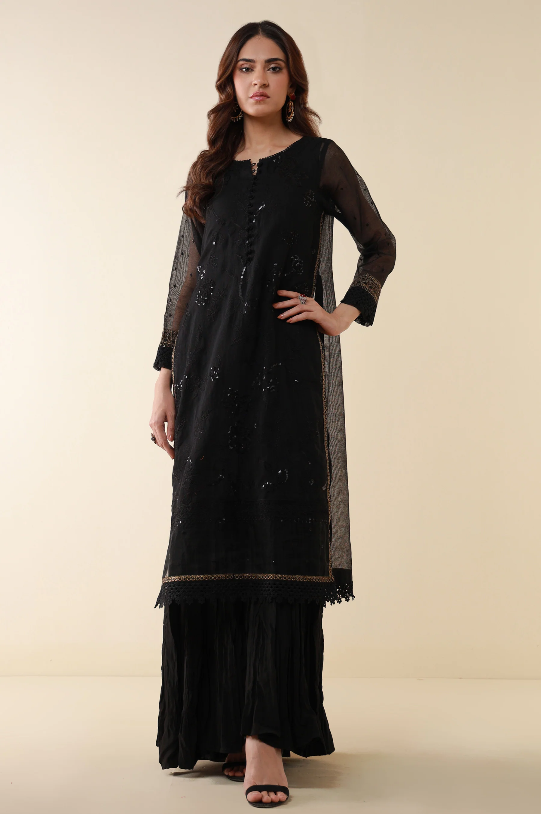 Unstitched 3 Piece Embroidered Khaddi Net Shirt With Checkered Lurex Dupatta - Image 3