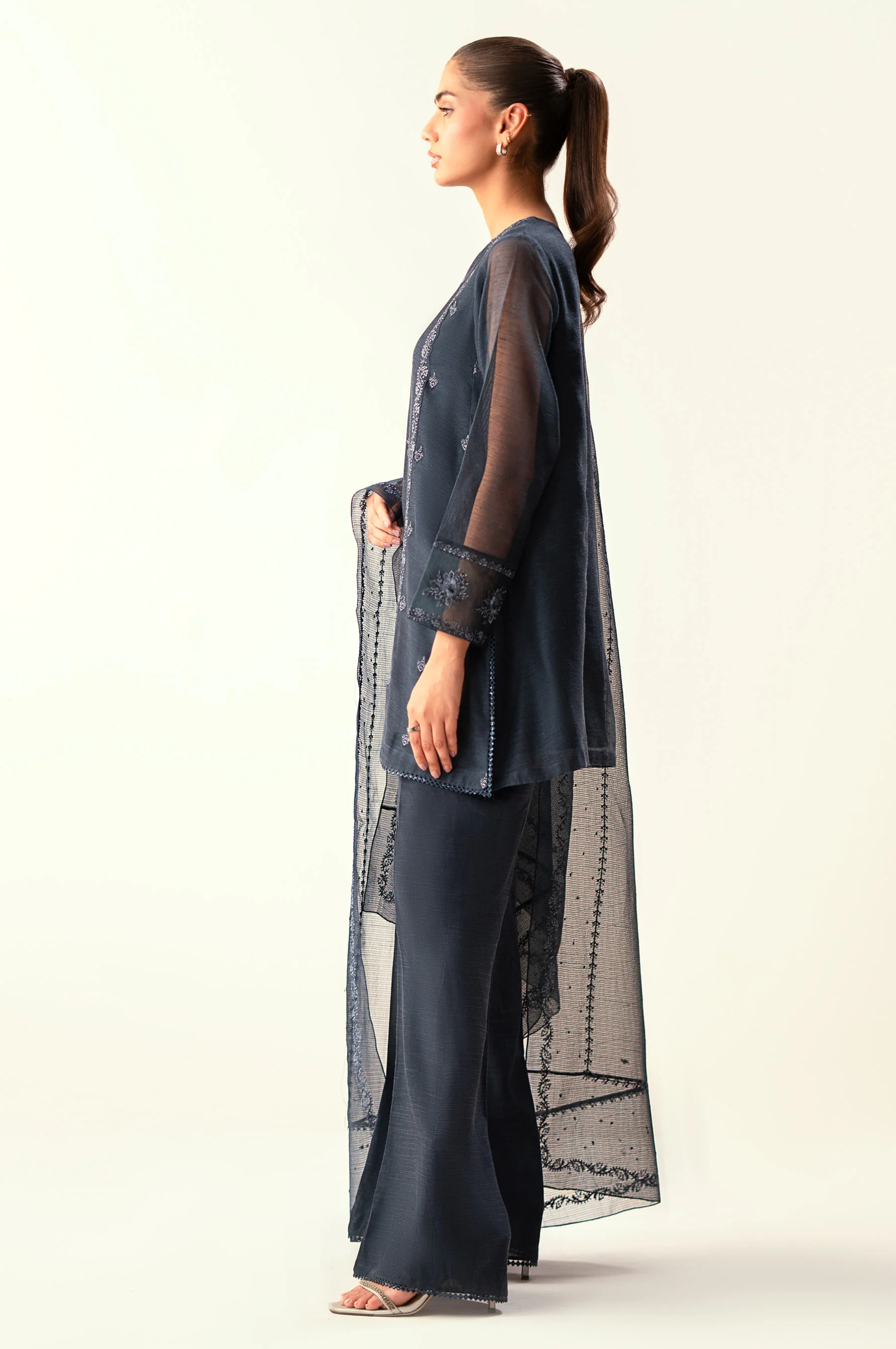 Unstitched 3 Piece Embroidered Khaddi Net Suit - Image 3