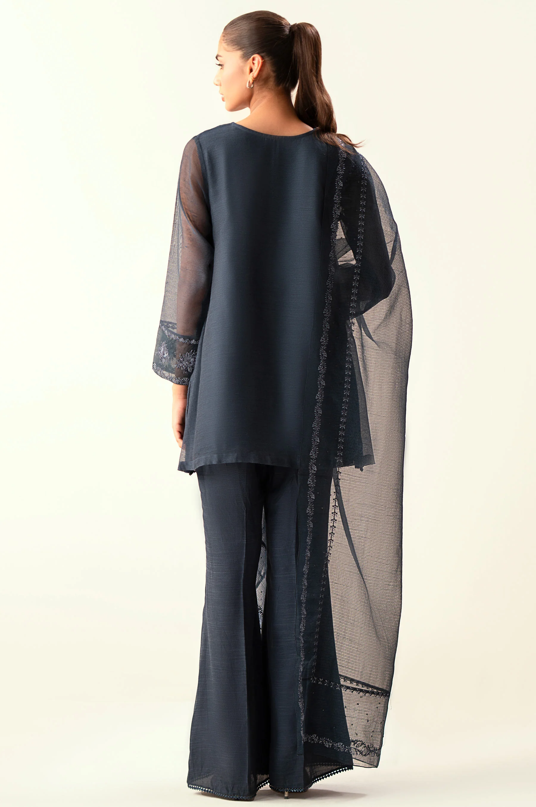 Unstitched 3 Piece Embroidered Khaddi Net Suit - Image 4