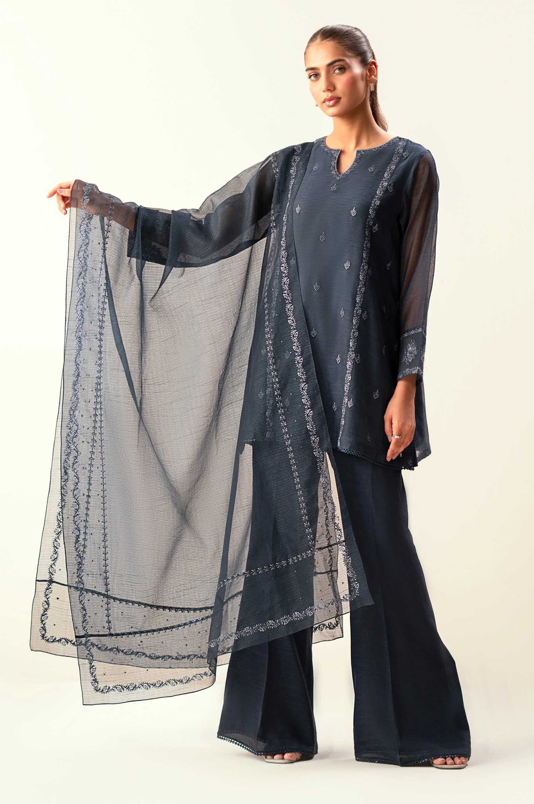 Unstitched 3 Piece Embroidered Khaddi Net Suit - Image 5