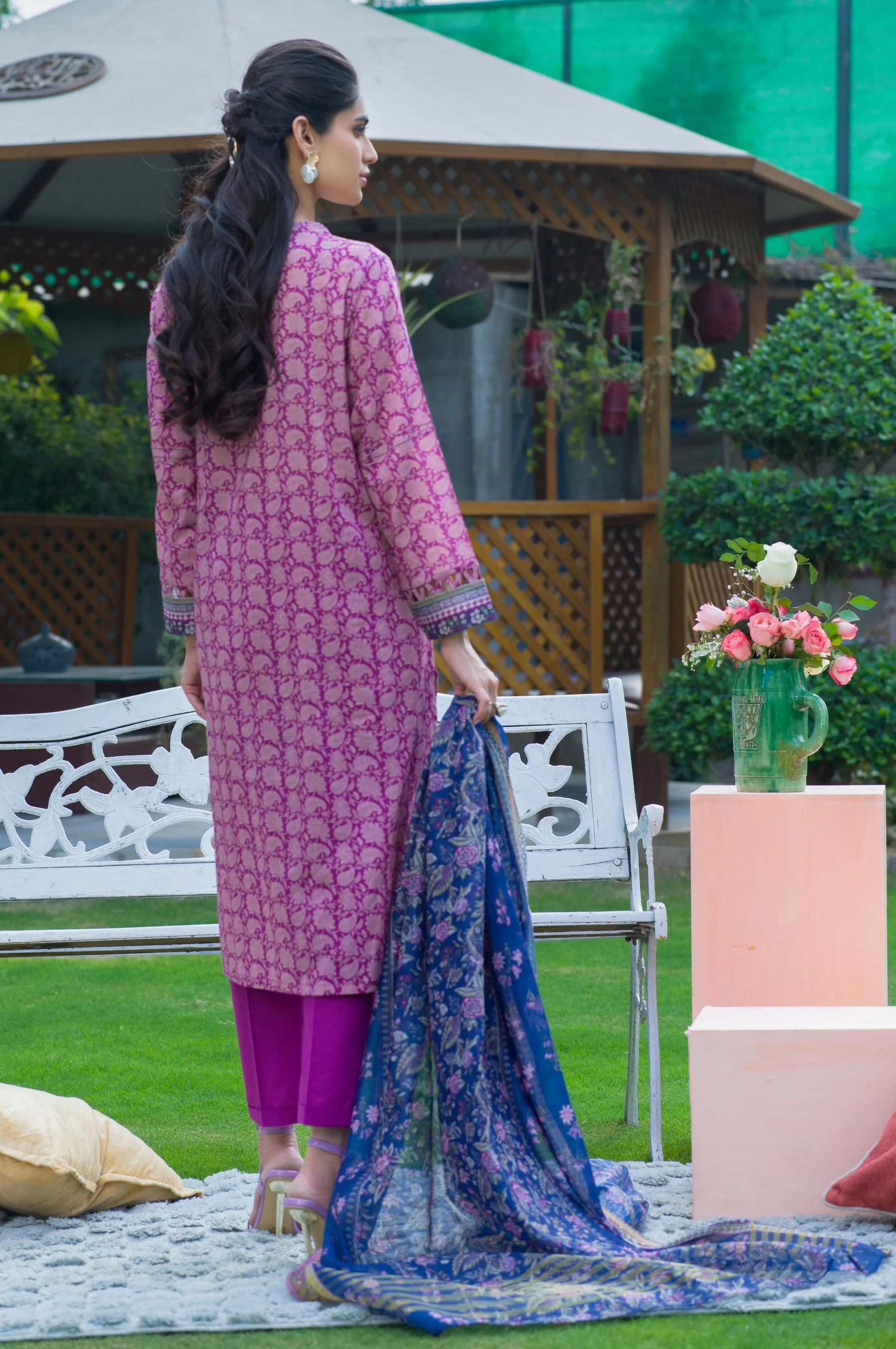 Unstitched 3 Piece Embroidered Lawn with Slub Organza Suit - Image 5