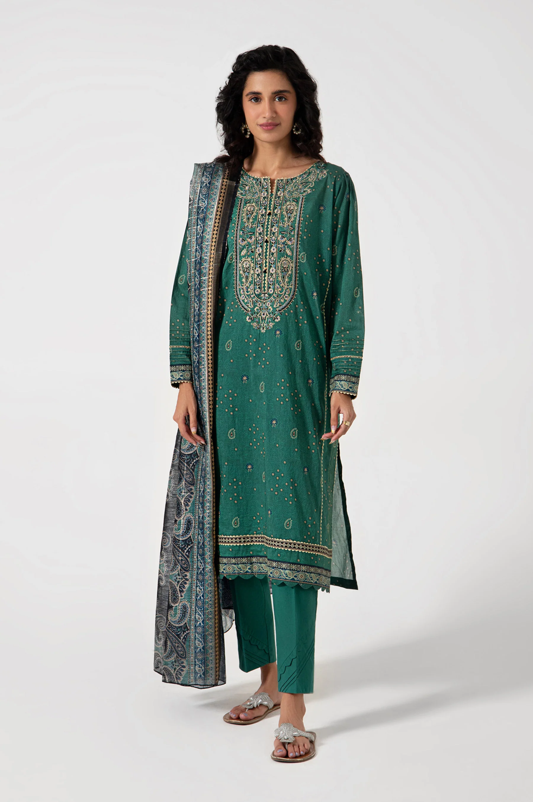 Unstitched 3 Piece Embroidered Lawn with Checkered Lurex Suit