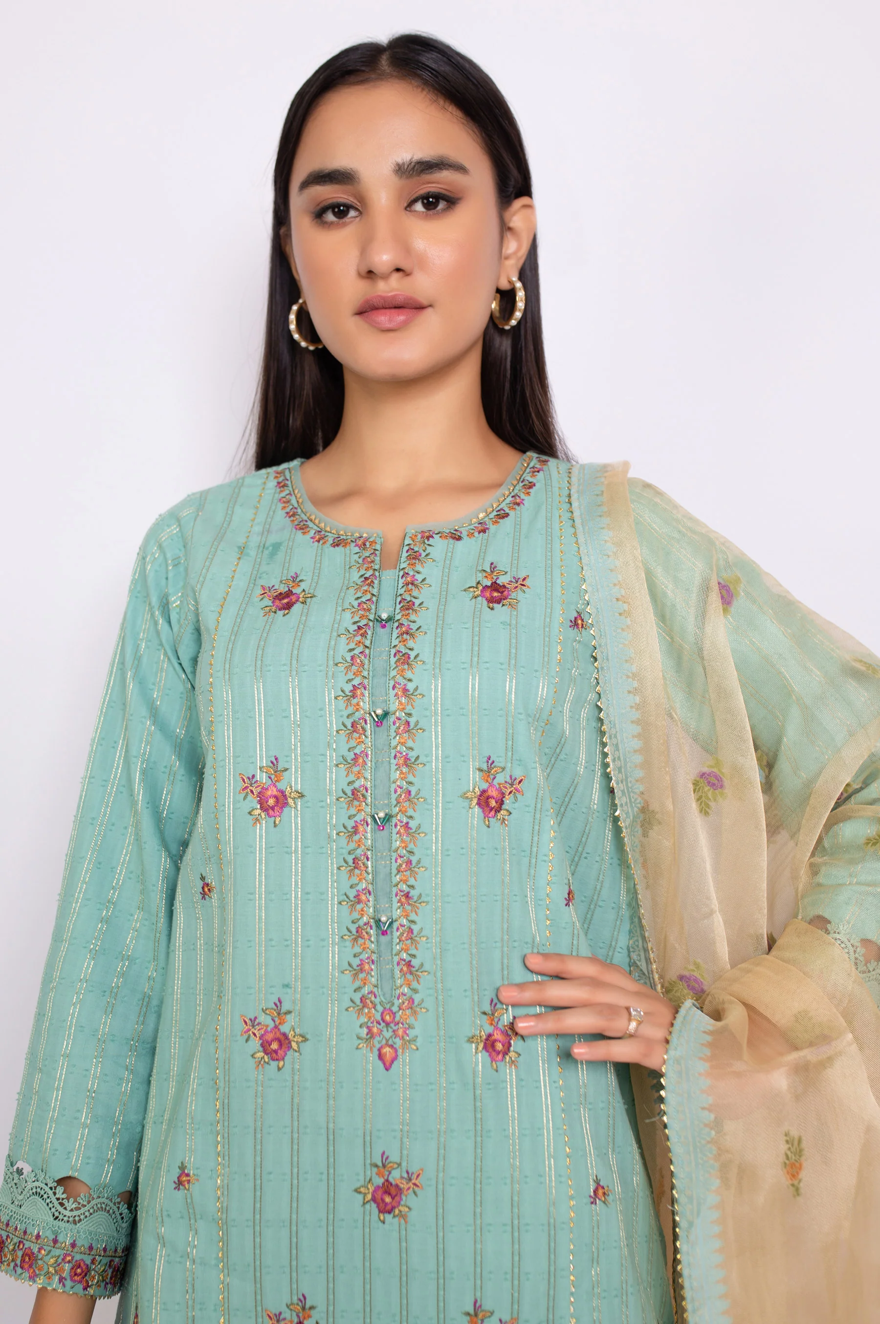 Unstitched 3 Piece Embroidered Maysuri Jacquard Suit - Image 3