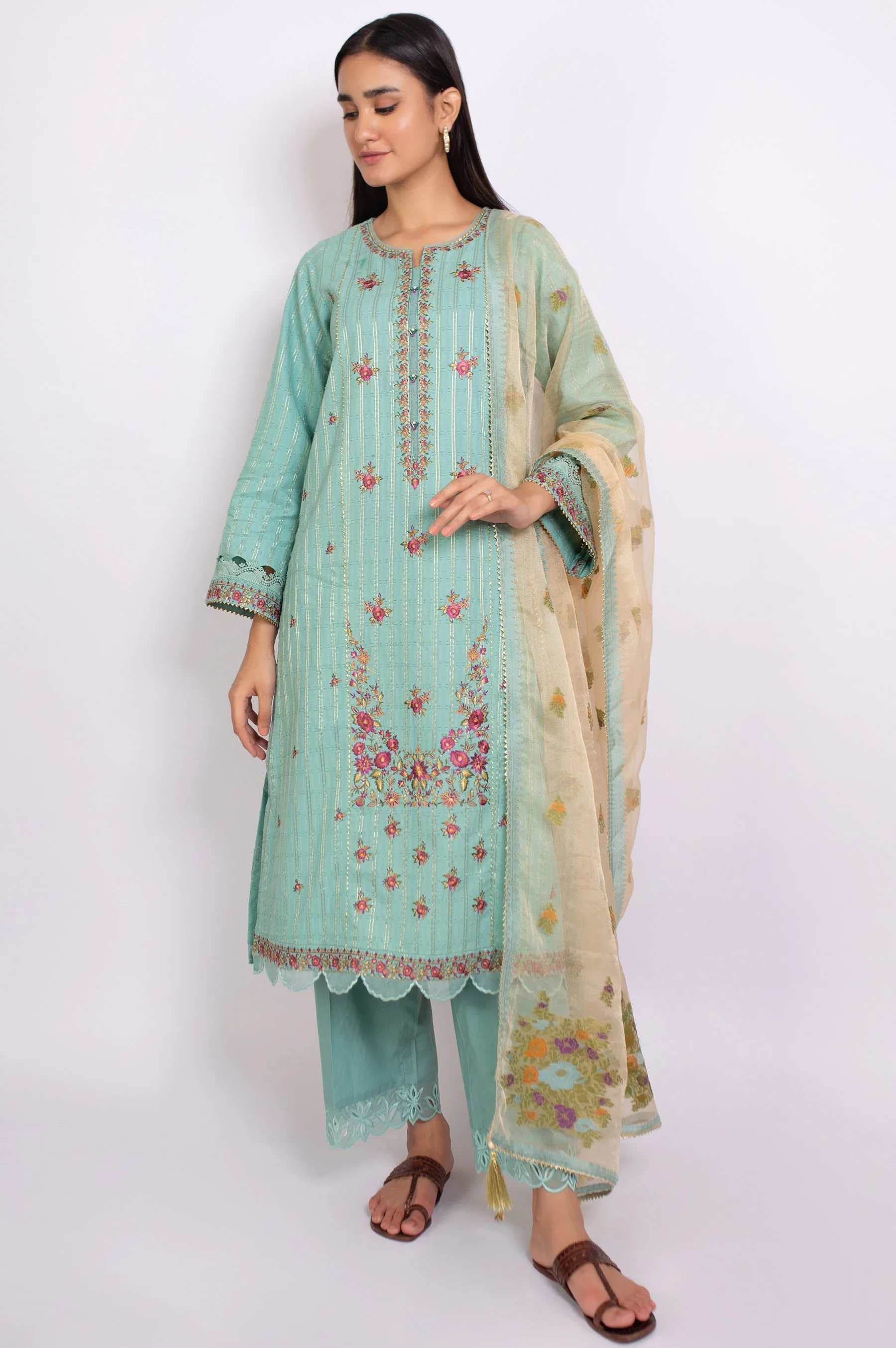 Unstitched 3 Piece Embroidered Maysuri Jacquard Suit - Image 5