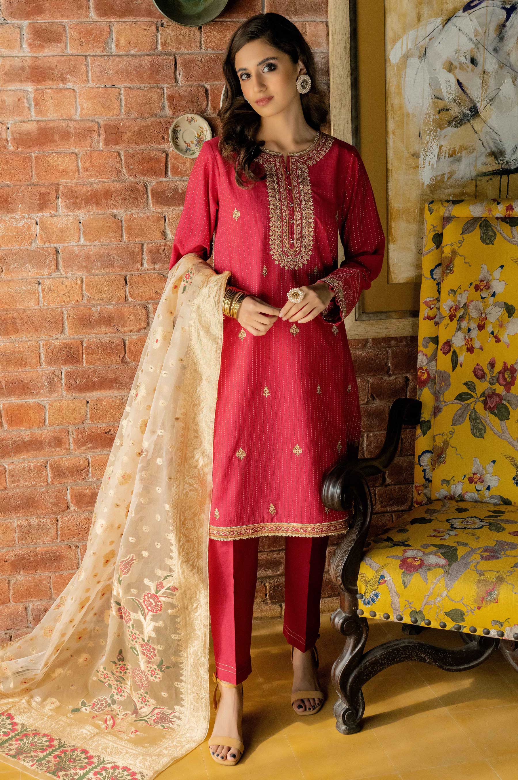 Unstitched 3 Piece Embroidered Maysuri Suit with Organza Jacquard Dupatta