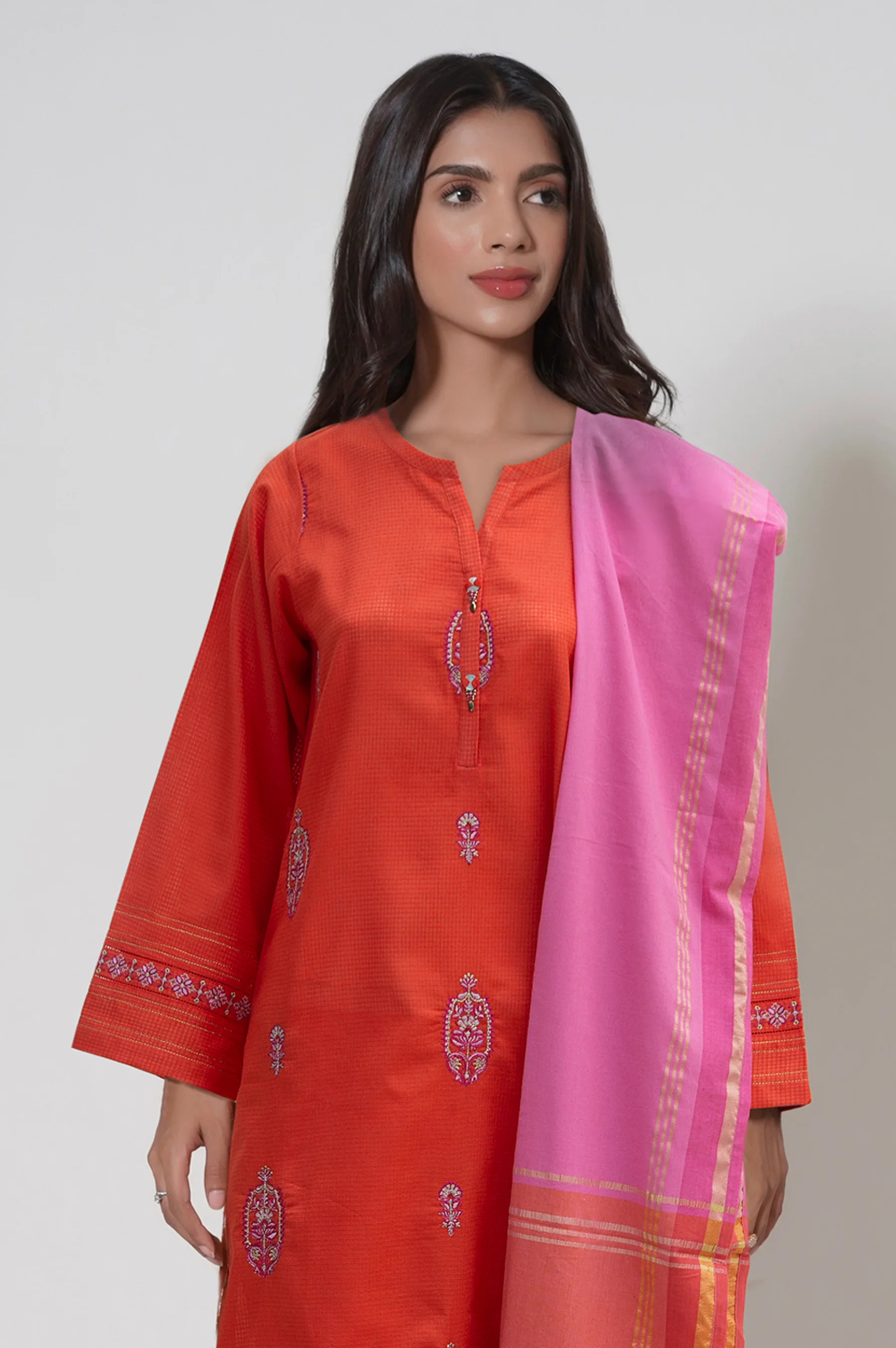 Unstitched 3 Piece Embroidered Micro Checks Suit - Image 2