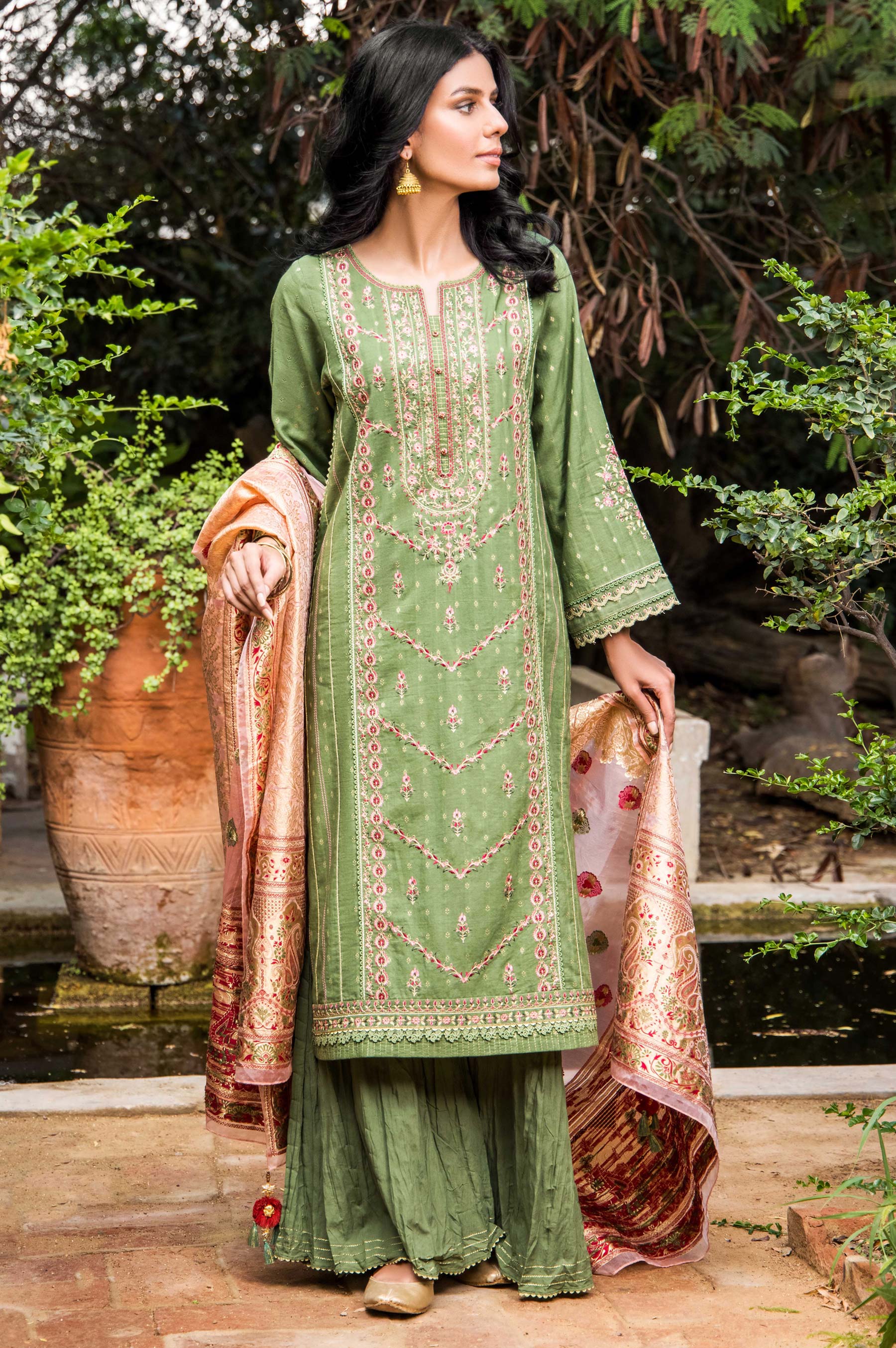 Unstitched 3 Embroidered Mysuri Jacquard with Organza Jacquard Suit