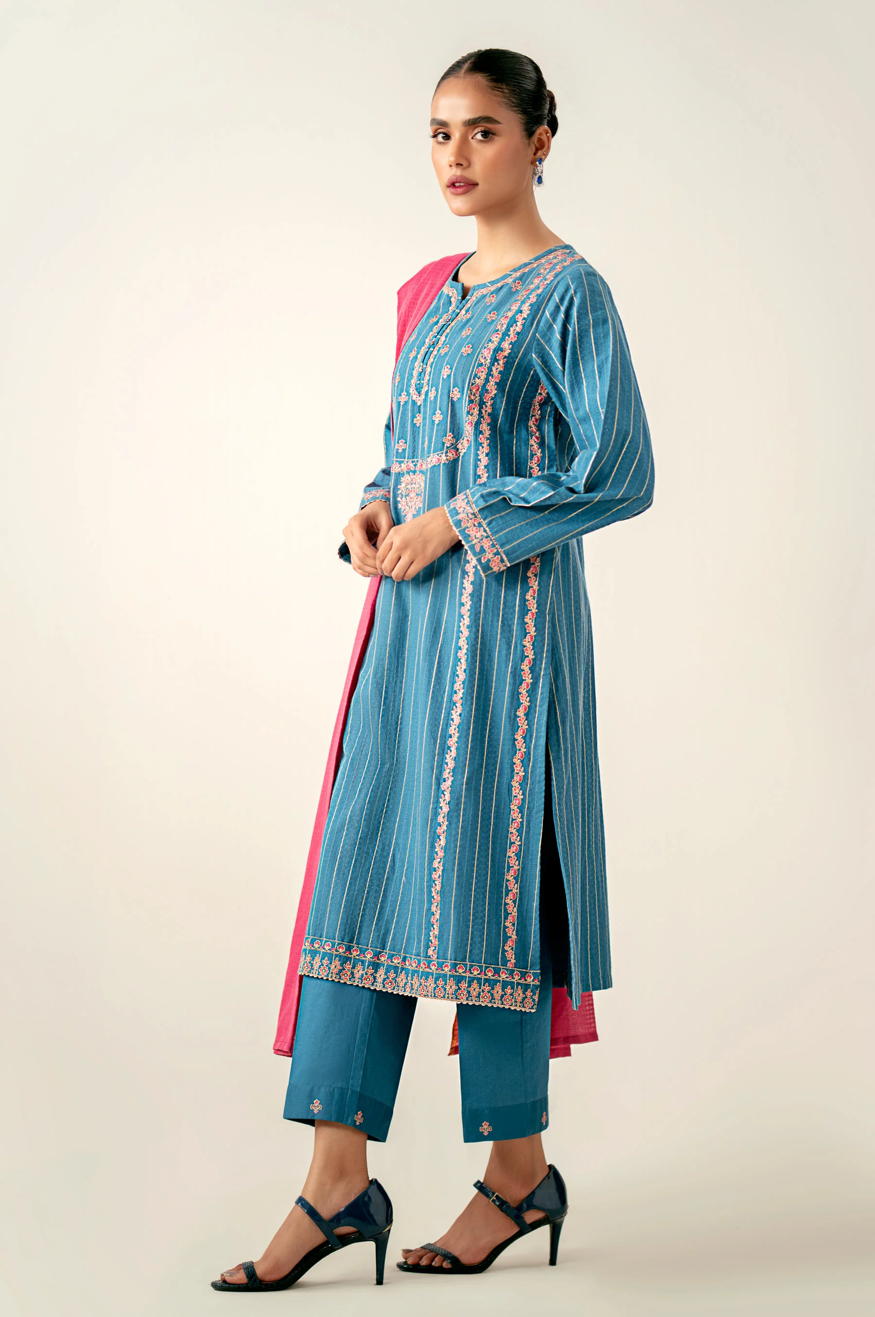 Unstitched 3 Piece Embroidered Mysuri Jacquard Shirt with Dyed Cotton Zari Dupatta - Image 3