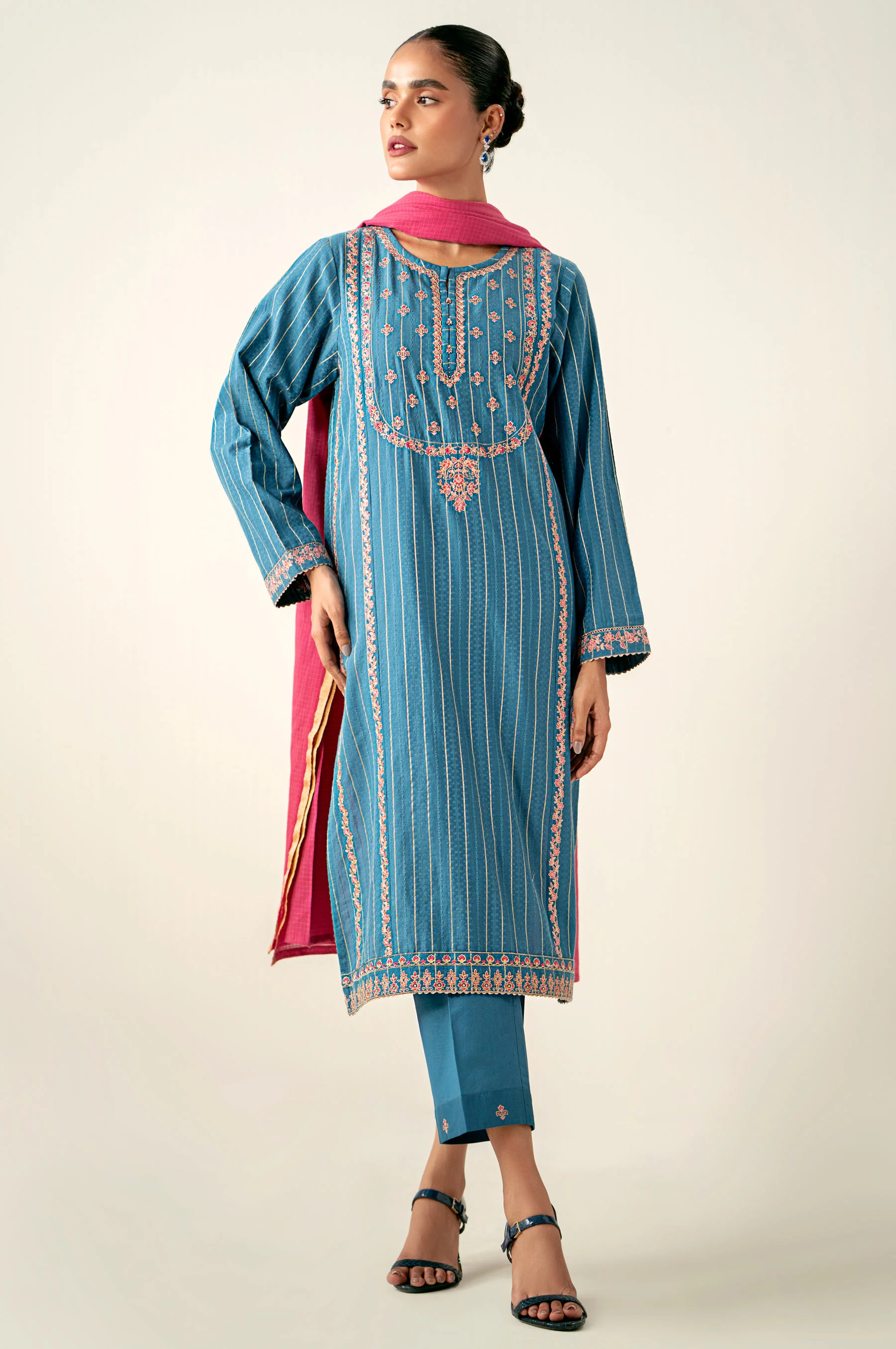 Unstitched 3 Piece Embroidered Mysuri Jacquard Shirt with Dyed Cotton Zari Dupatta - Image 4