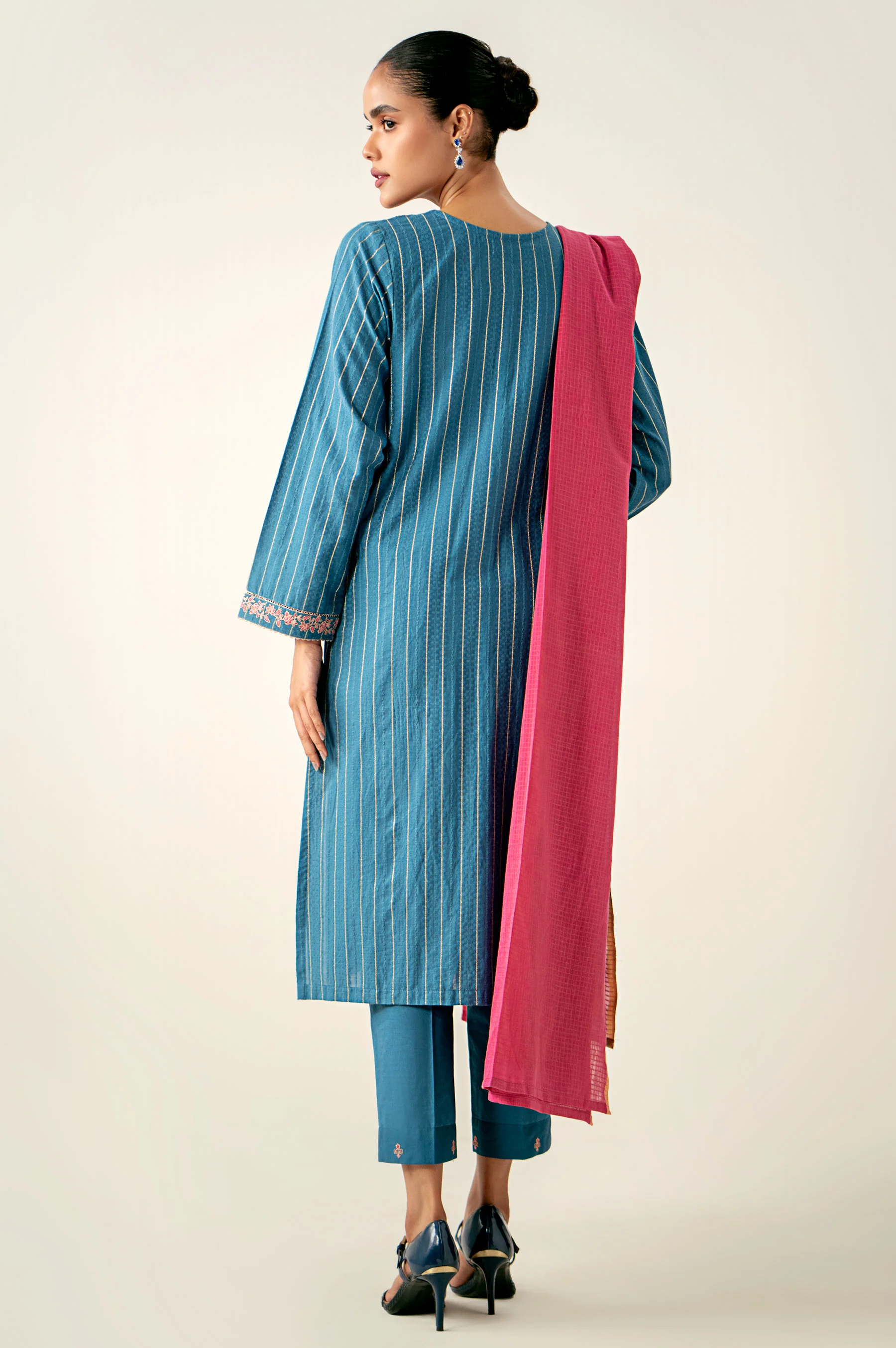 Unstitched 3 Piece Embroidered Mysuri Jacquard Shirt with Dyed Cotton Zari Dupatta - Image 5