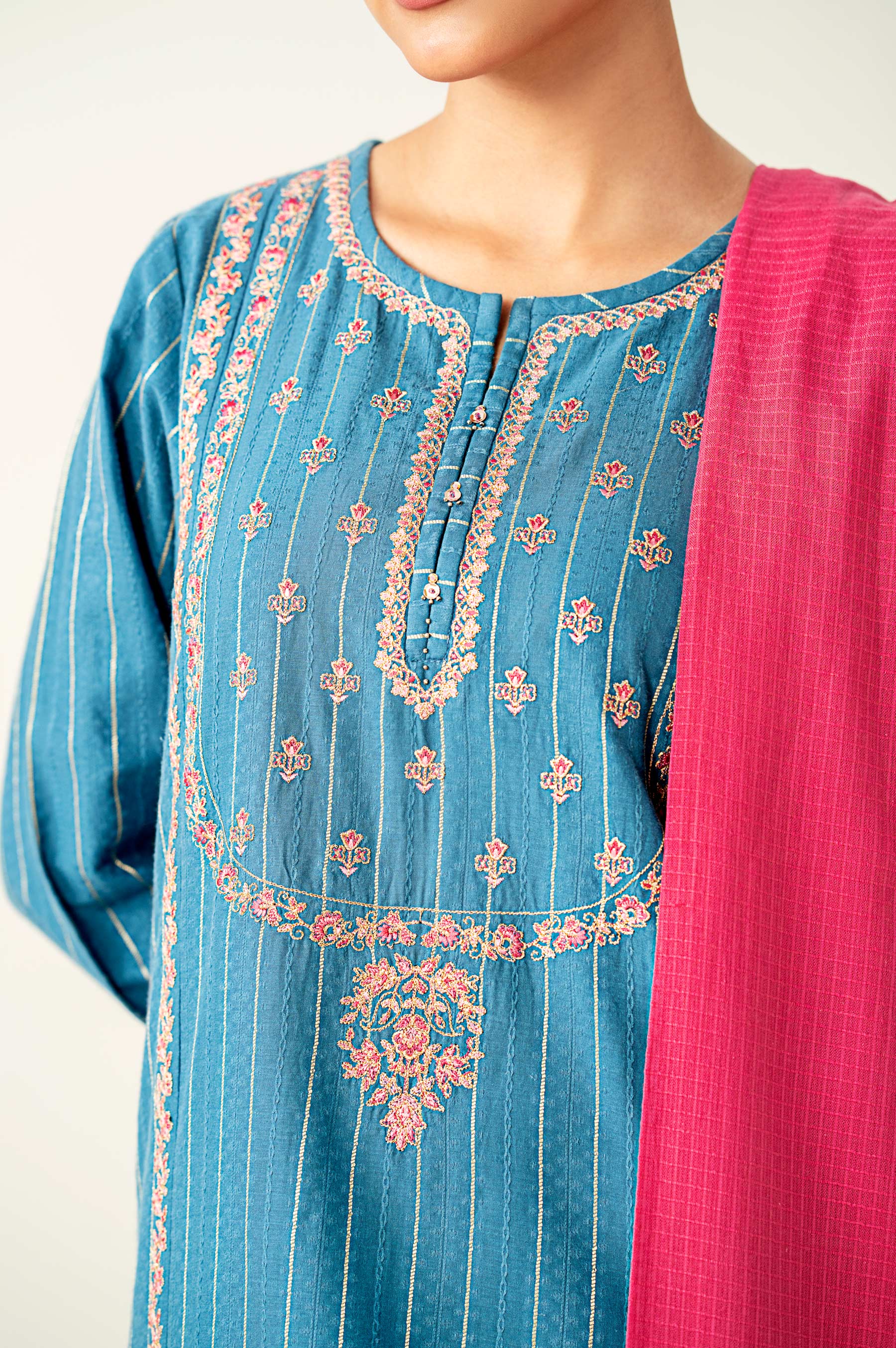 Unstitched 3 Piece Embroidered Mysuri Jacquard Shirt with Dyed Cotton Zari Dupatta - Image 6