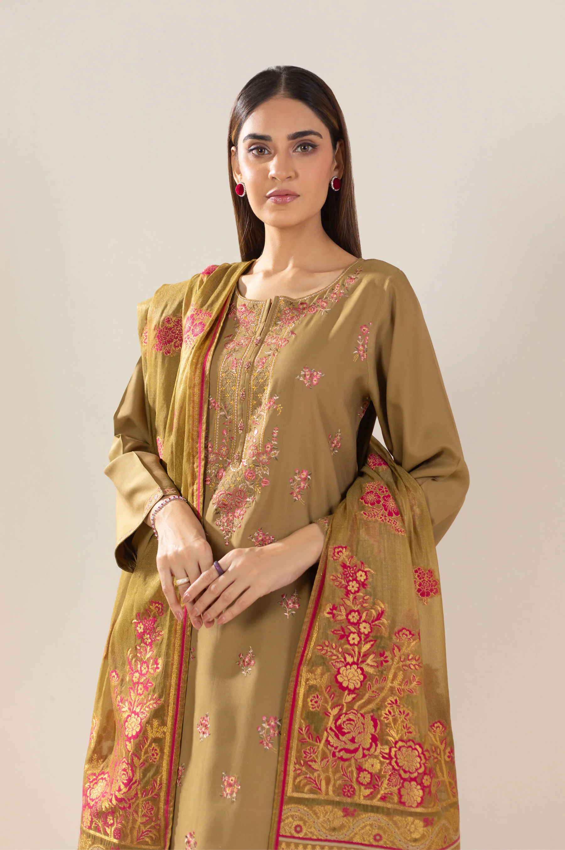 Unstitched 3 Piece Embroidered Oak Silk Suit
