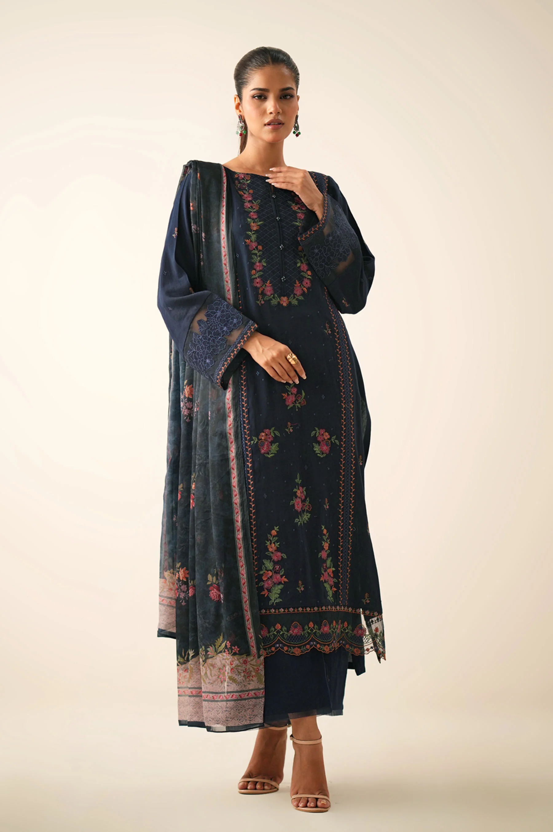 Unstitched 3 Piece Embroidered Oak Silk Suit - Image 2