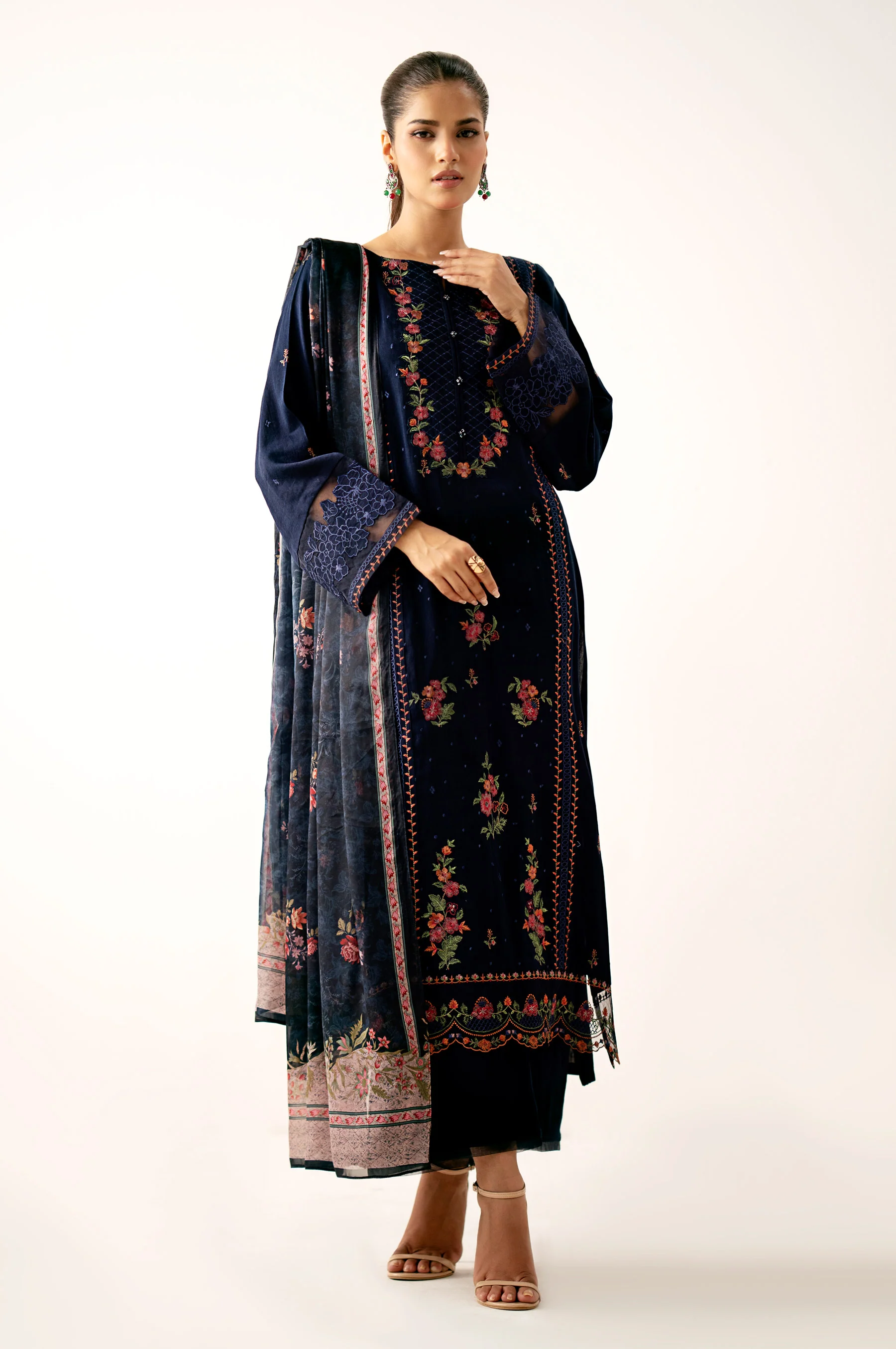 Unstitched 3 Piece Embroidered Oak Silk Suit - Image 5