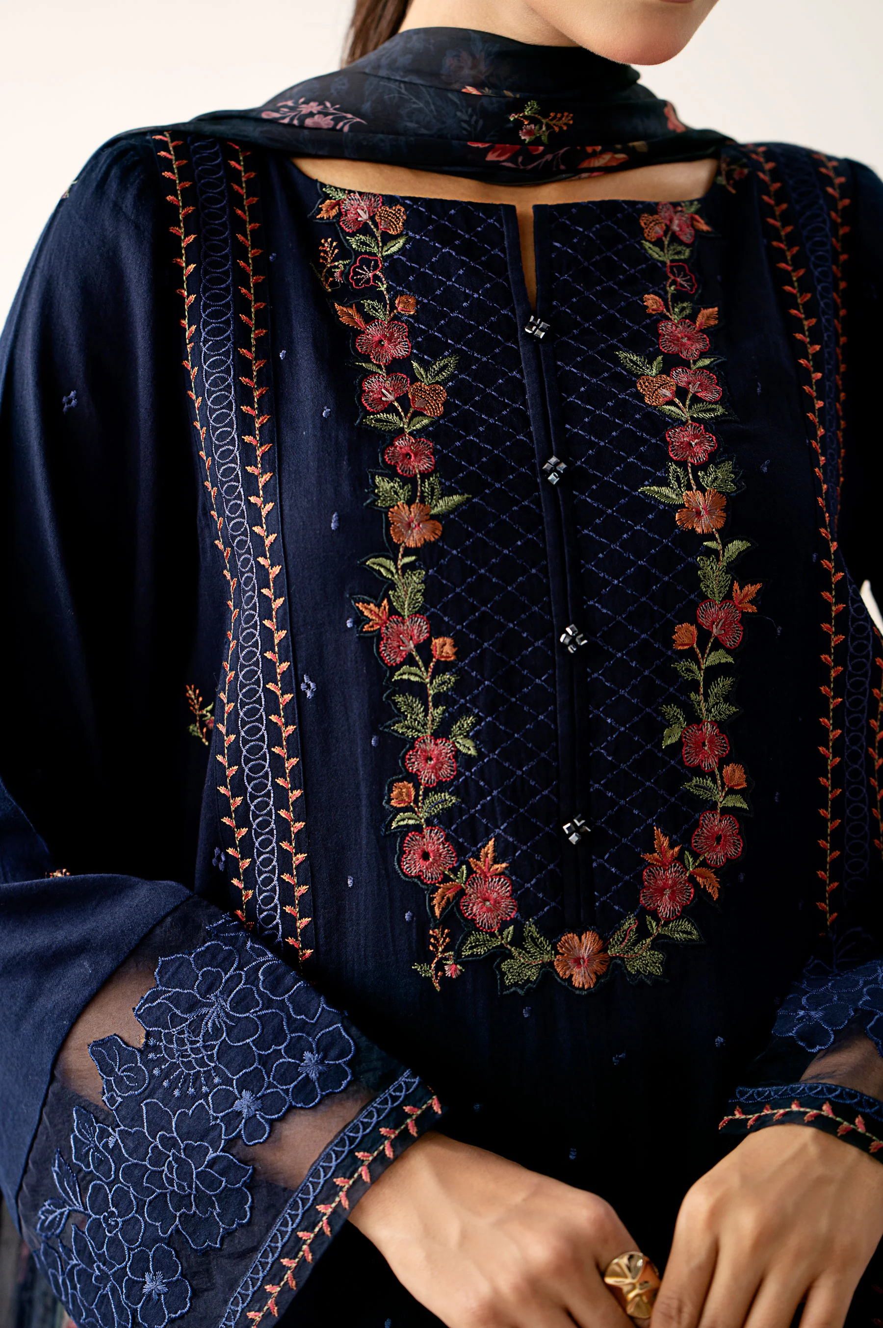 Unstitched 3 Piece Embroidered Oak Silk Suit - Image 8