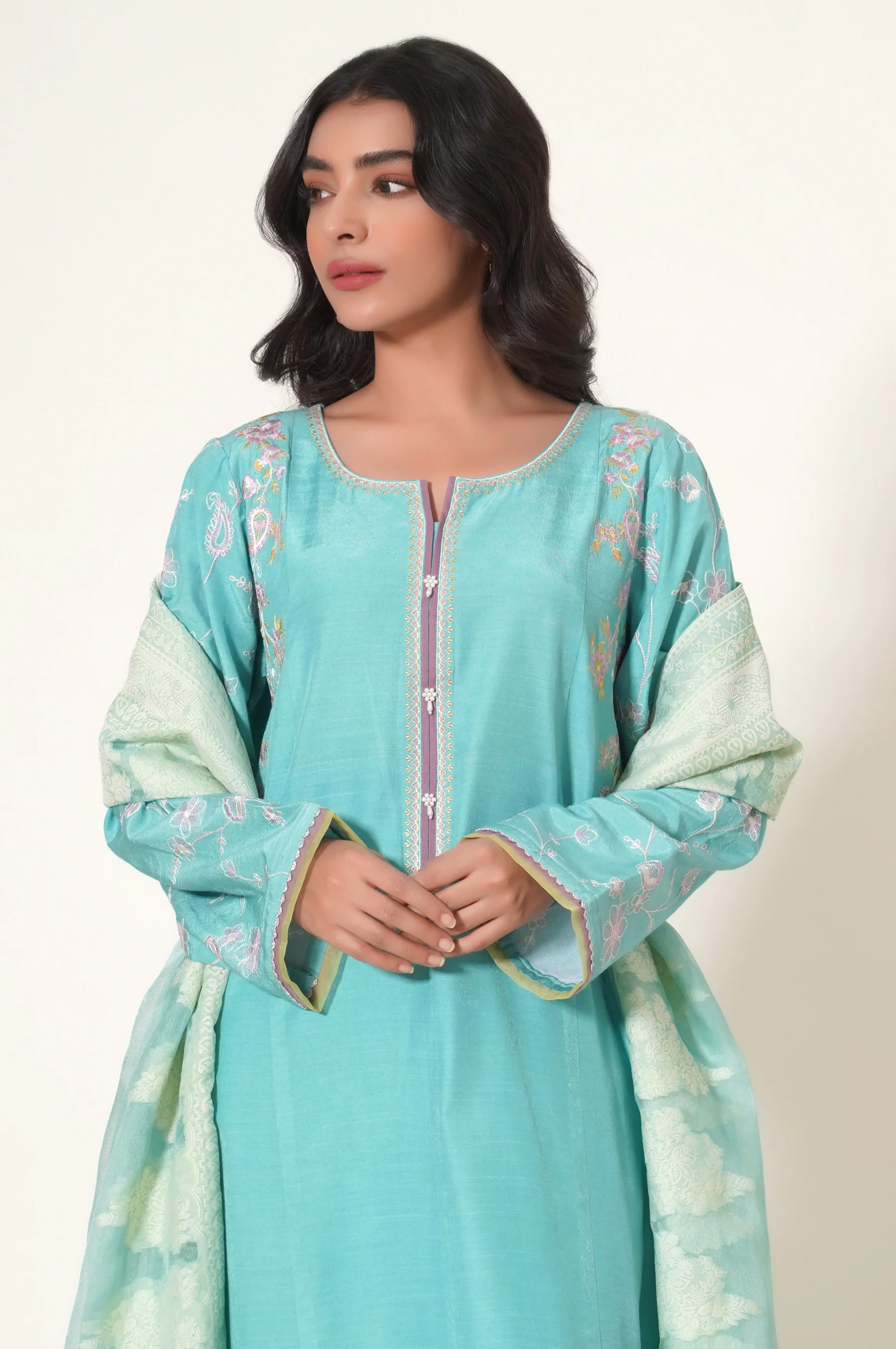 Unstitched 3 Piece Embroidered Raw Silk Shirt with Organza Net Jacquard Dupatta - Image 2