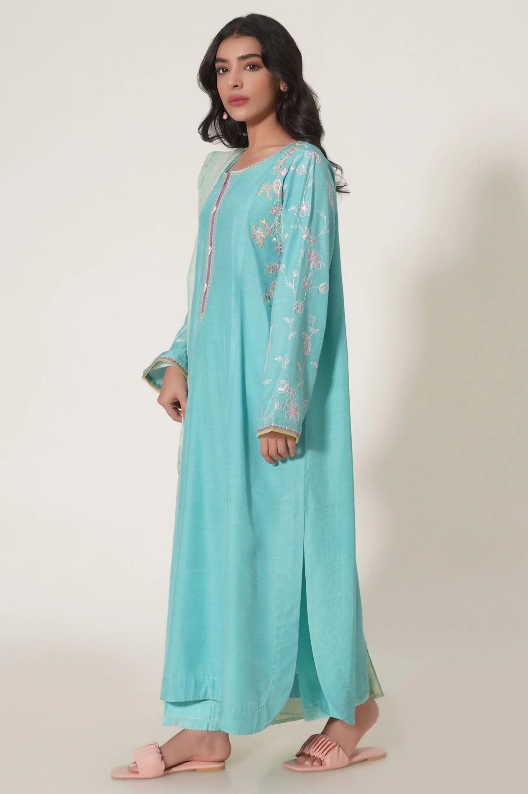 Unstitched 3 Piece Embroidered Raw Silk Shirt with Organza Net Jacquard Dupatta - Image 3