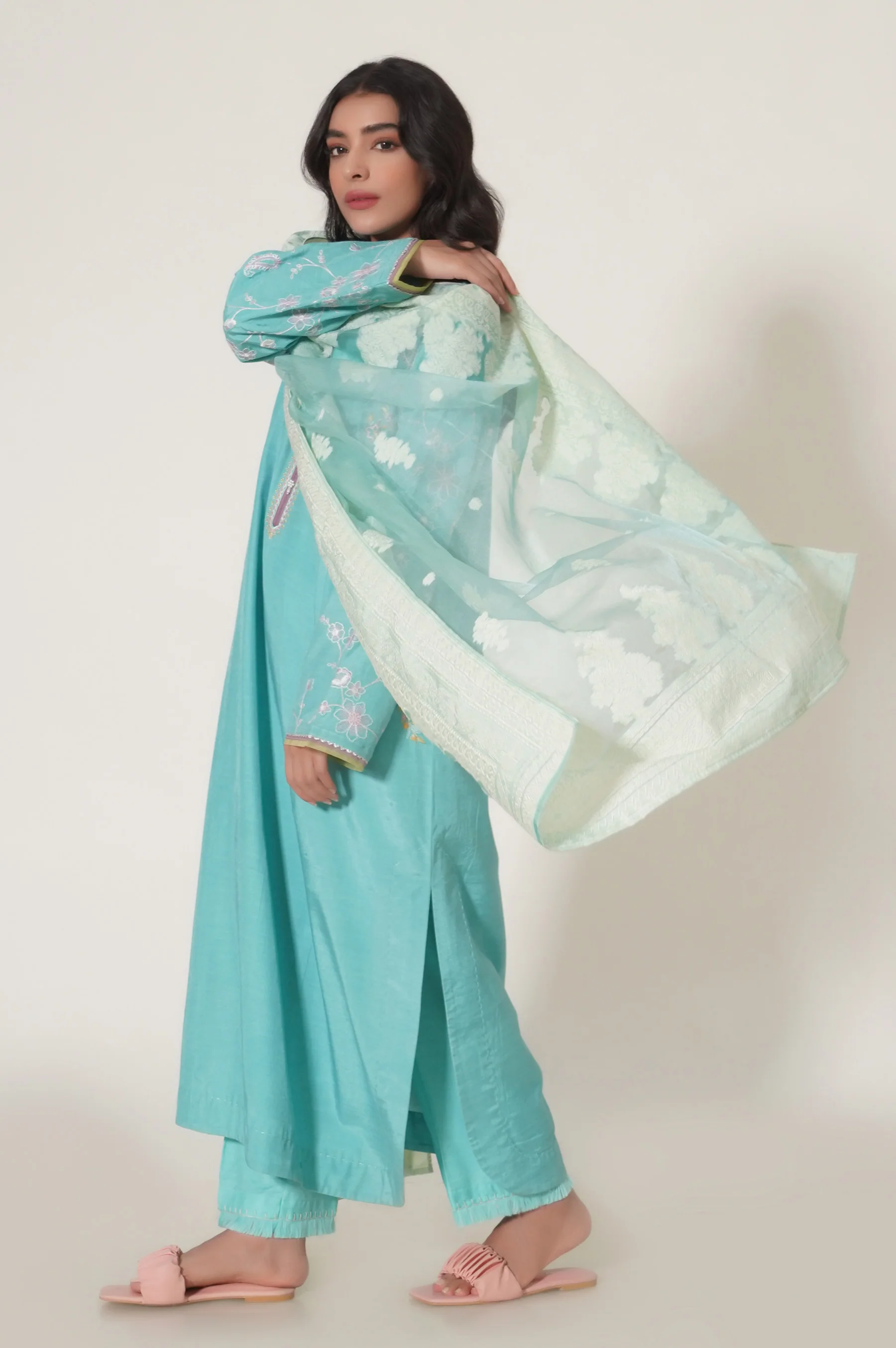 Unstitched 3 Piece Embroidered Raw Silk Shirt with Organza Net Jacquard Dupatta - Image 4
