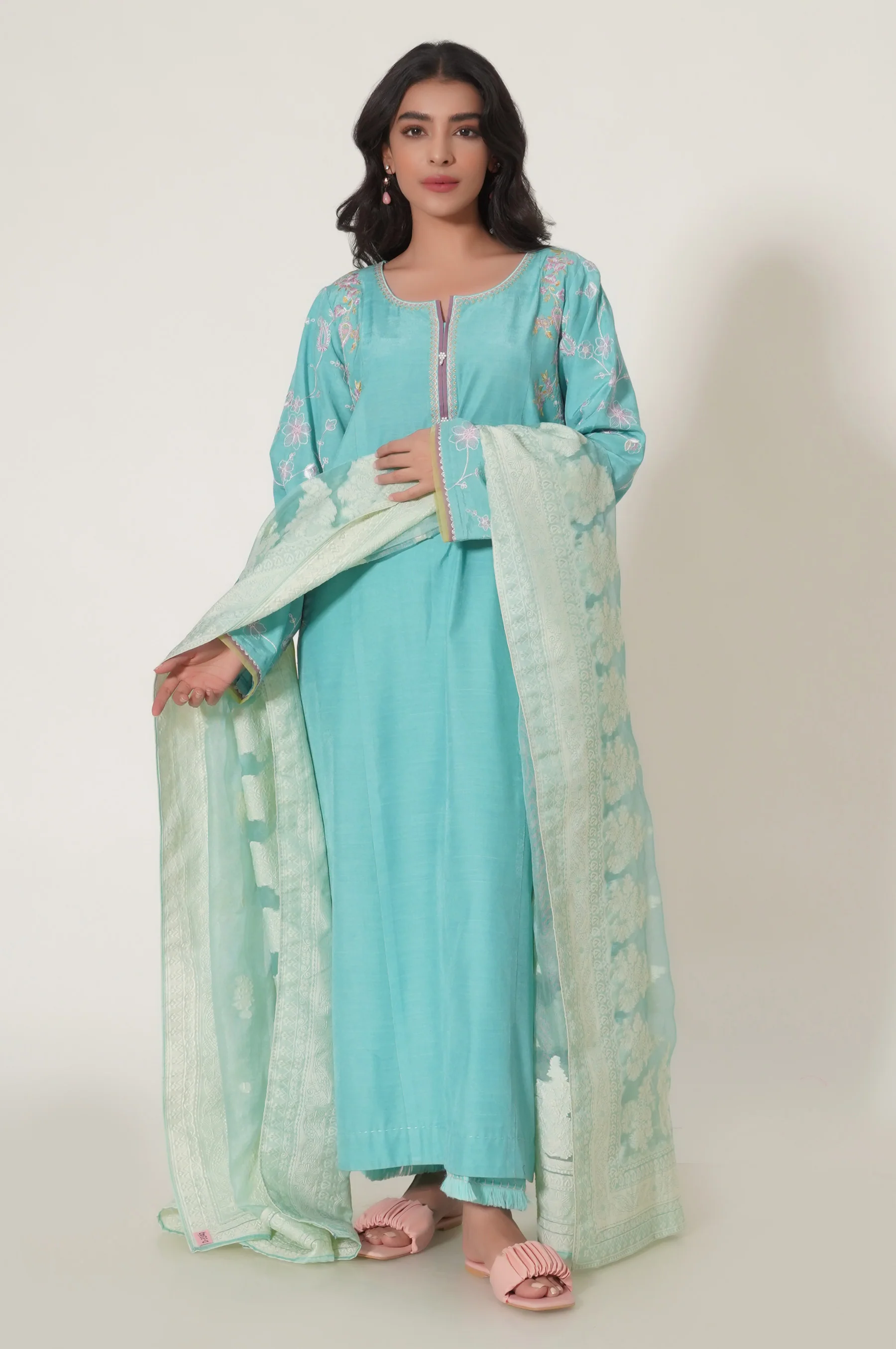 Unstitched 3 Piece Embroidered Raw Silk Shirt with Organza Net Jacquard Dupatta - Image 5