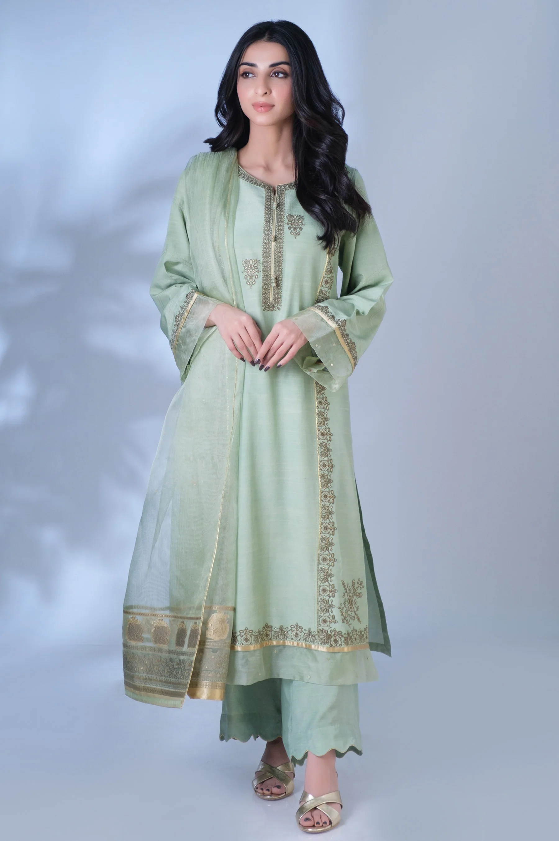 Unstitched 3 Piece Embroidered Raw Silk Suit - Image 4