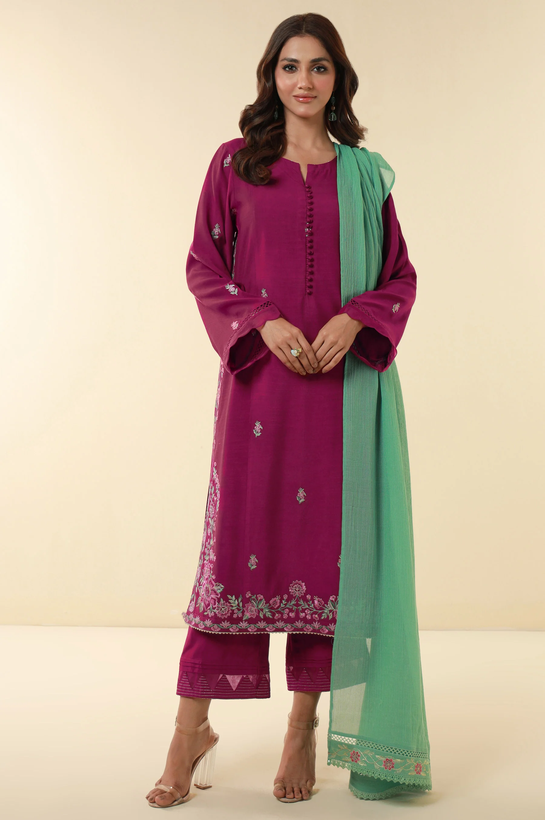 Unstitched 3 Piece Embroidered Raw Silk Suit - Image 3