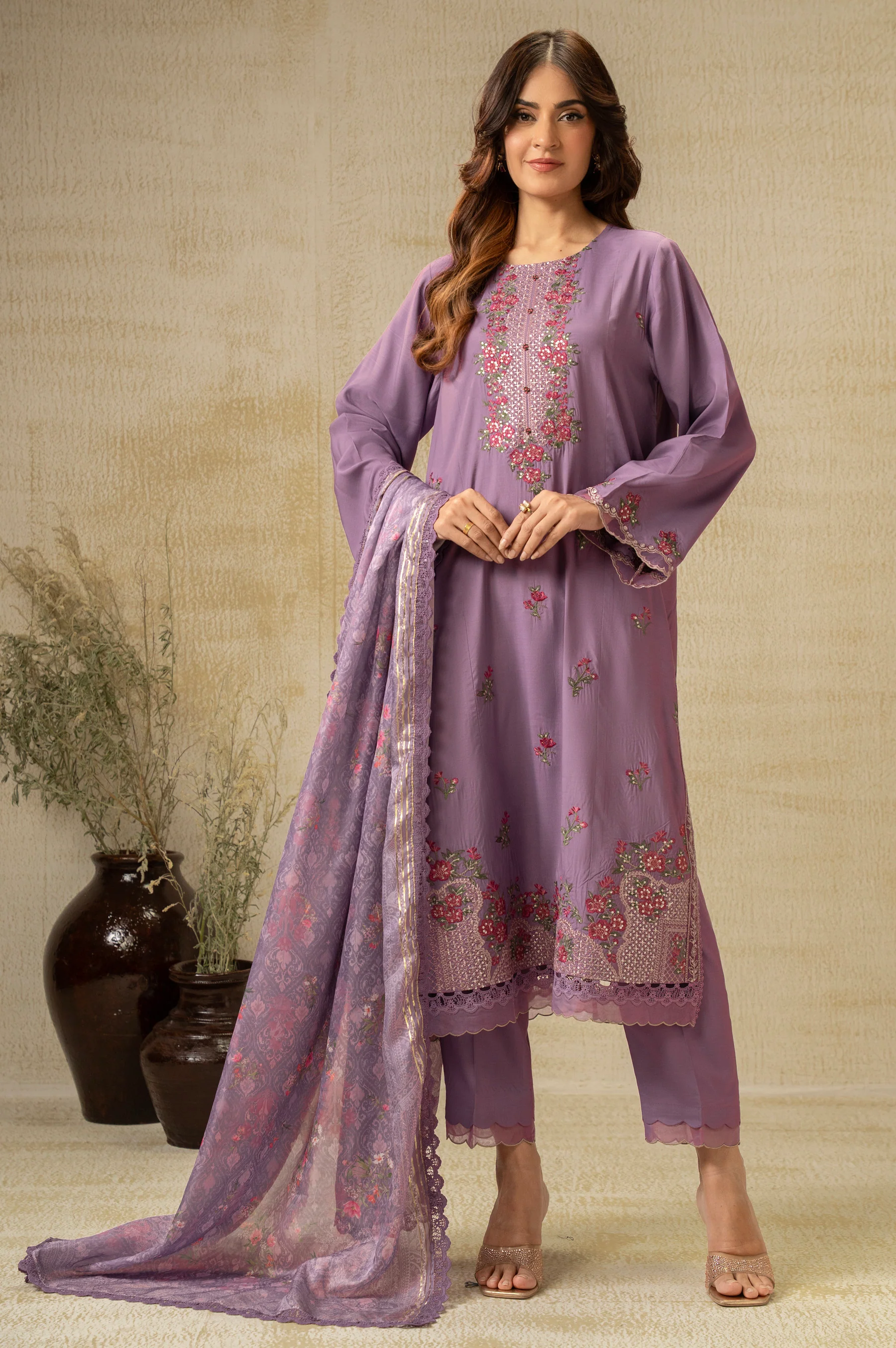 EMBROIDERED COTTON NET UNSTITCHED 3 PIECE SUIT - Image 5