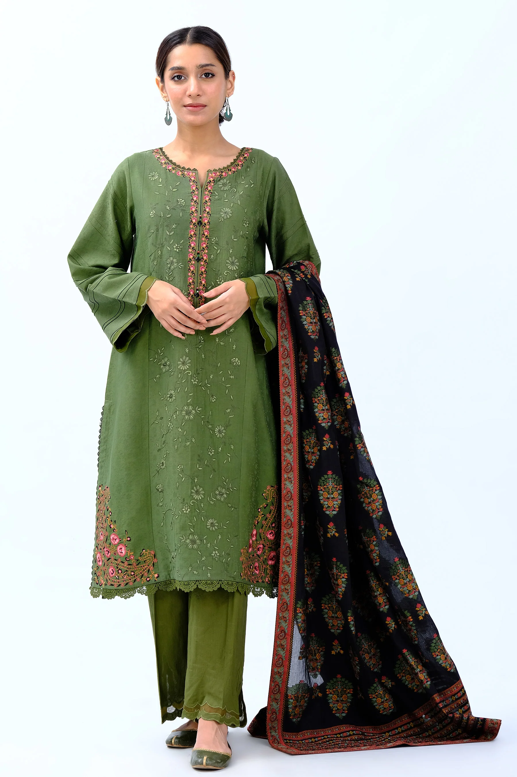 Unstitched 3 Piece Embroidered Satin Jacquard Suit - Image 2