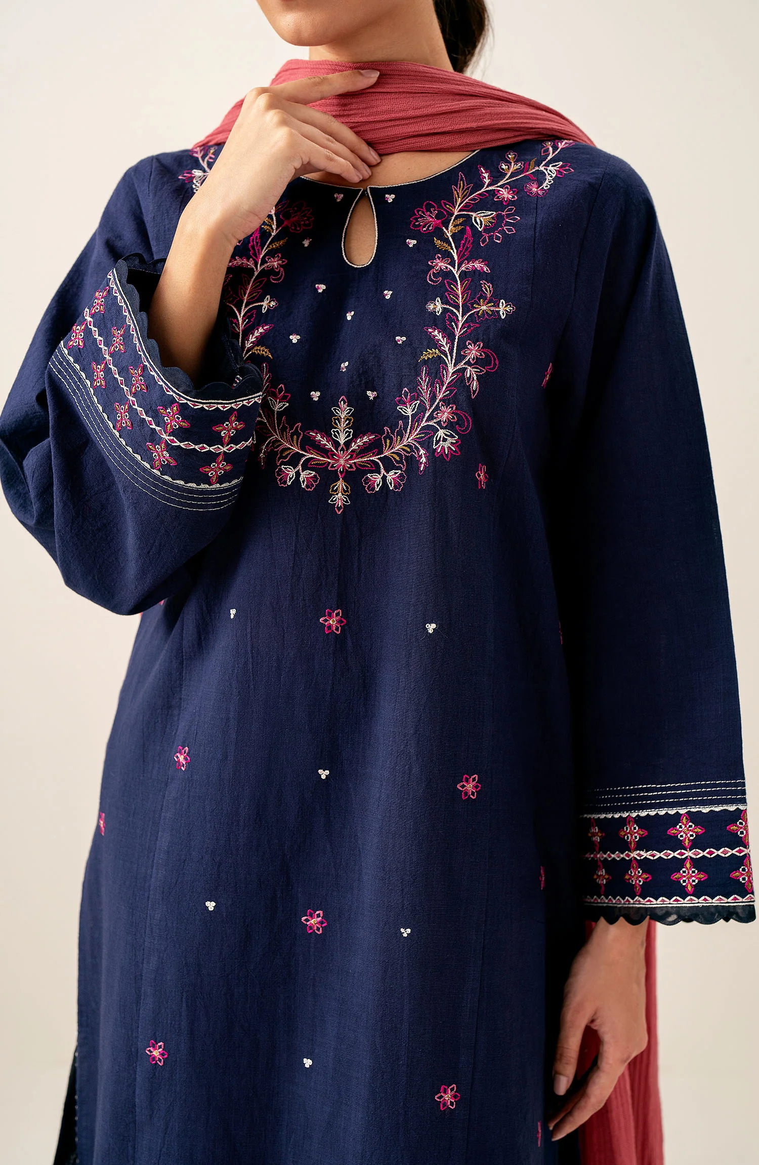 Unstitched 3 Piece Embroidered Slub Lawn with Cotton Net Dupatta - Image 2
