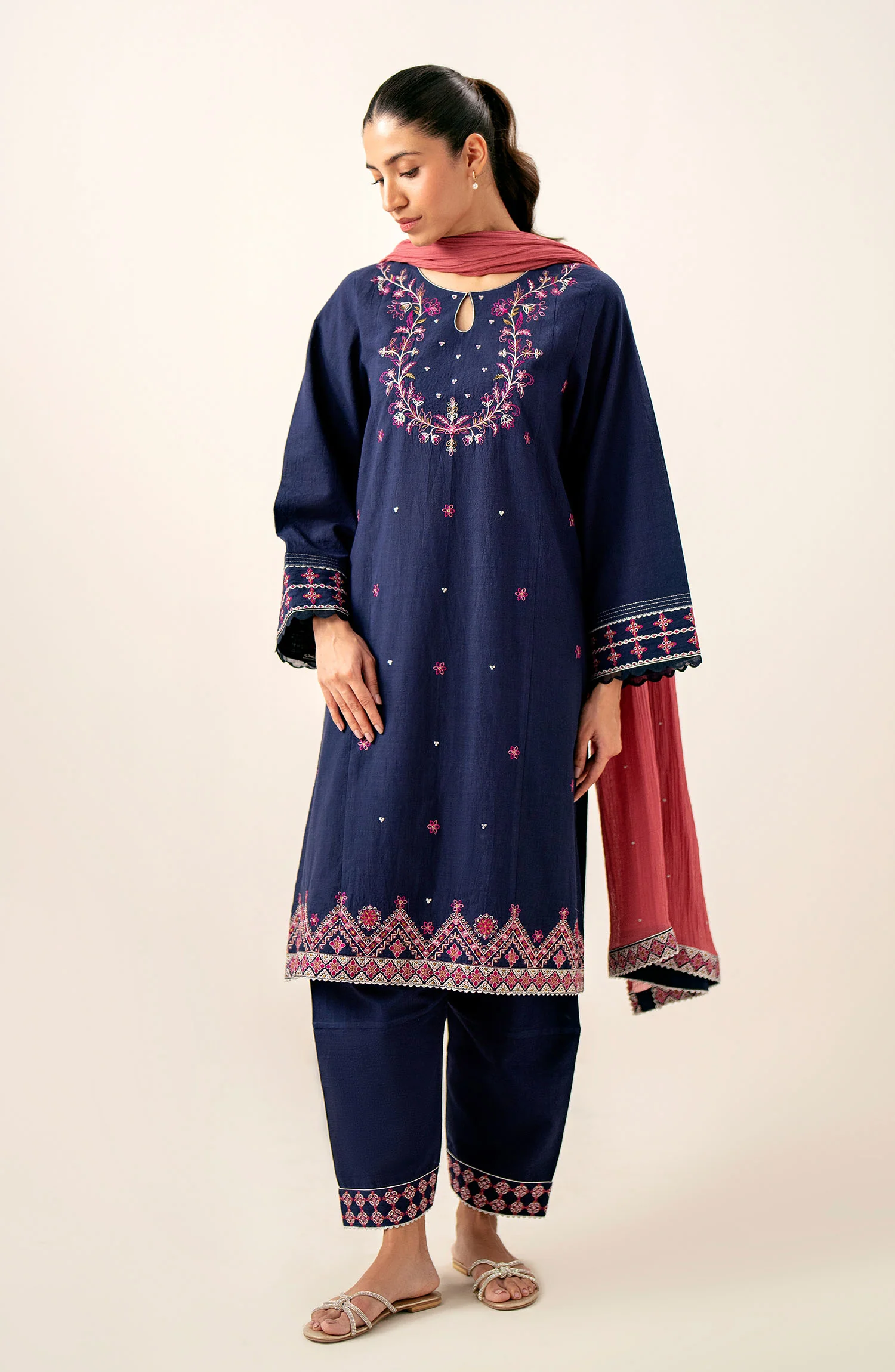 Unstitched 3 Piece Embroidered Slub Lawn with Cotton Net Dupatta - Image 6