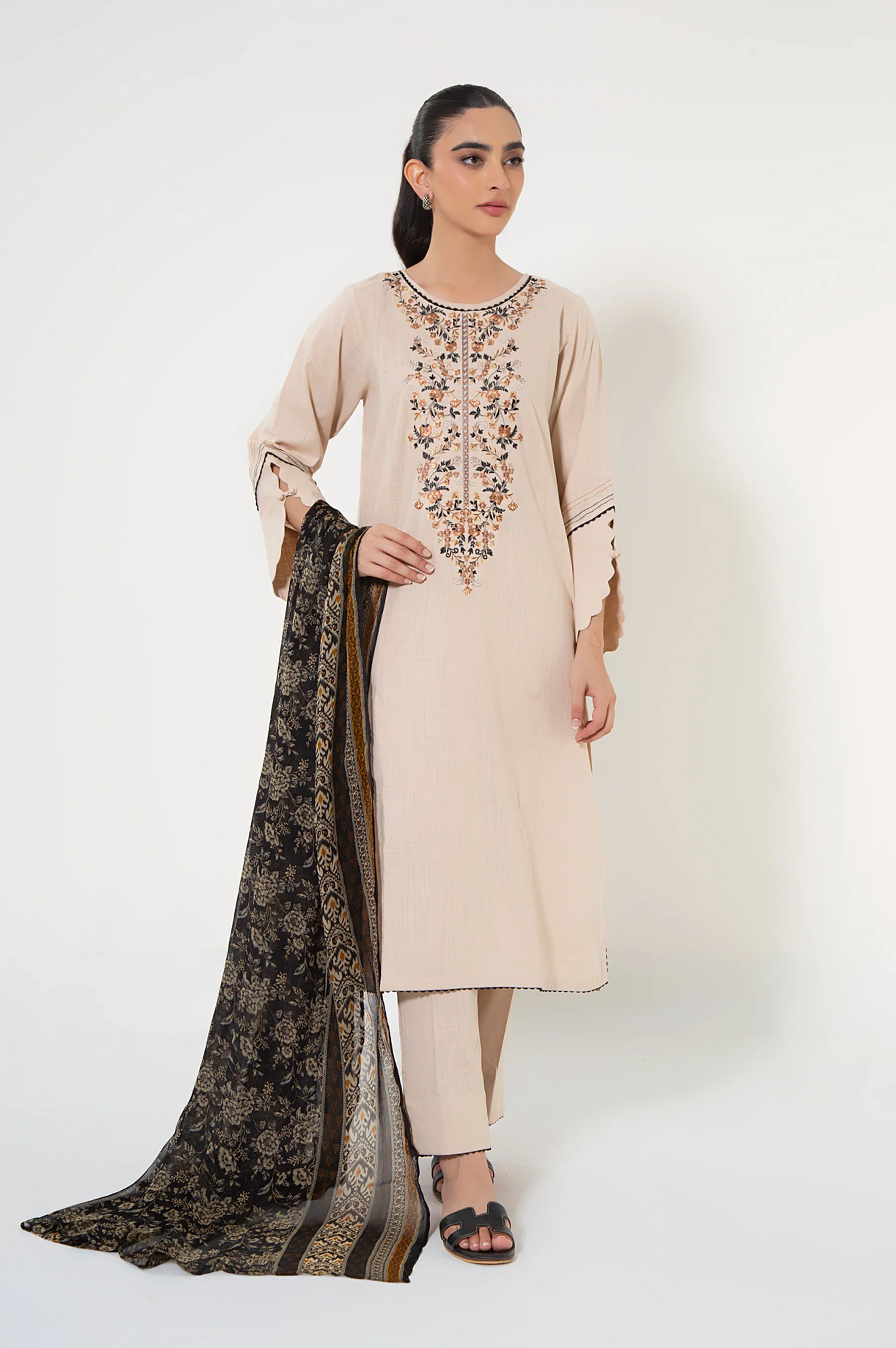 Unstitched 3 Piece Embroidered Slub Suit