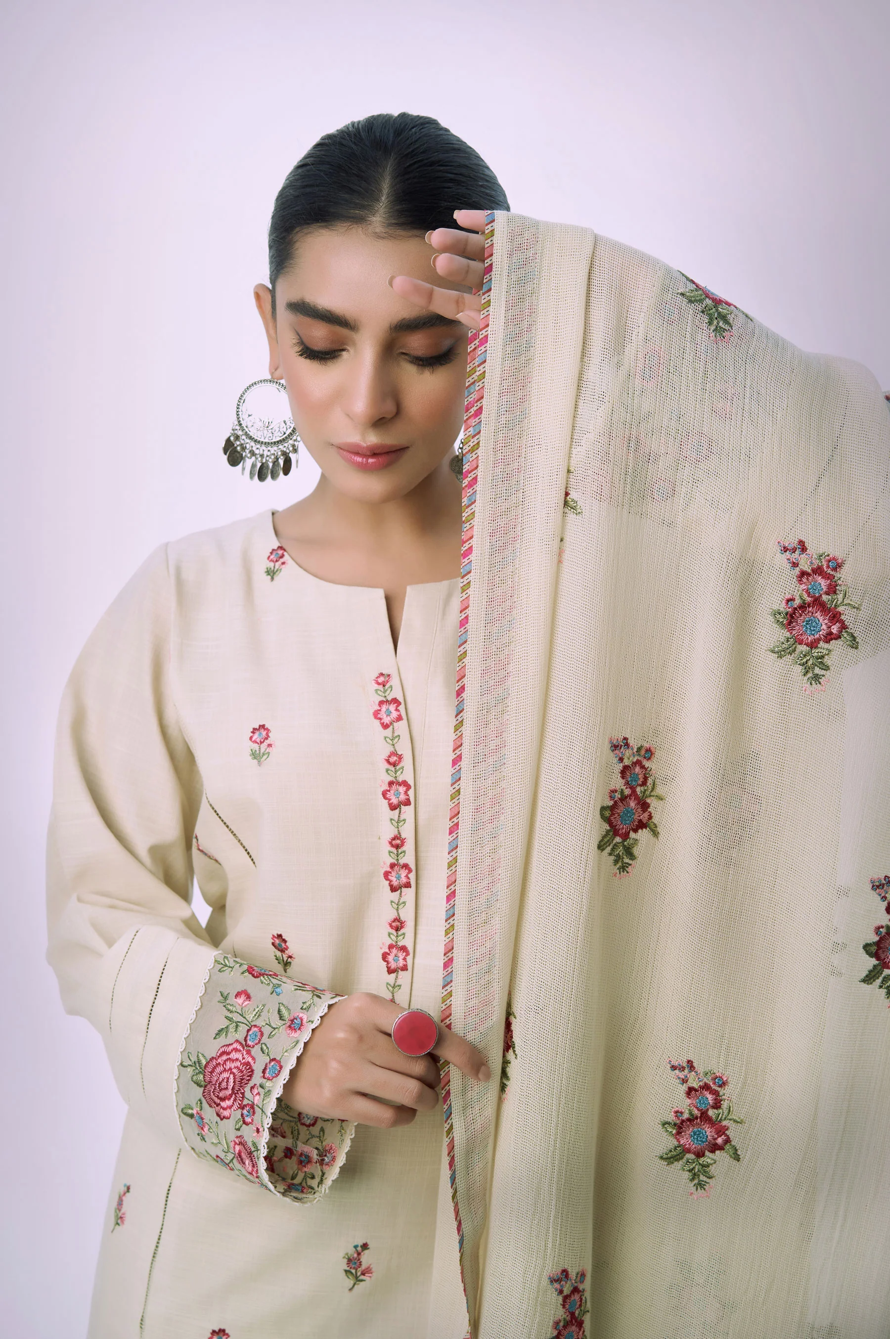 Unstitched 3 Piece Embroidered Textured Slub Suit